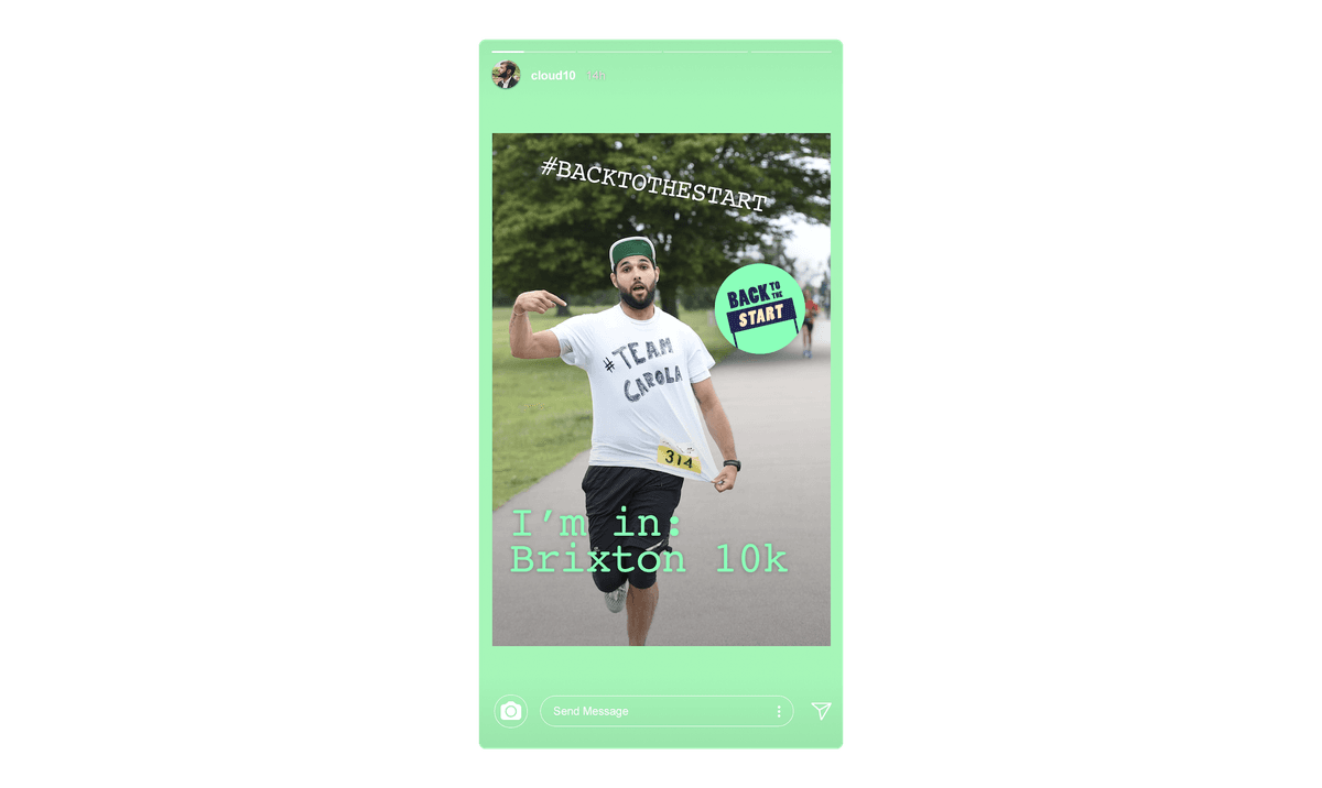 A man is running outdoors during a race, wearing a white t-shirt with "TEAM CARLOS" printed on it. He is pointing forward with one finger. Text on the image reads "#BACKTOTHESTART Back to the Start I'm in: Brixton 10k." The Instagram username is partially visible.