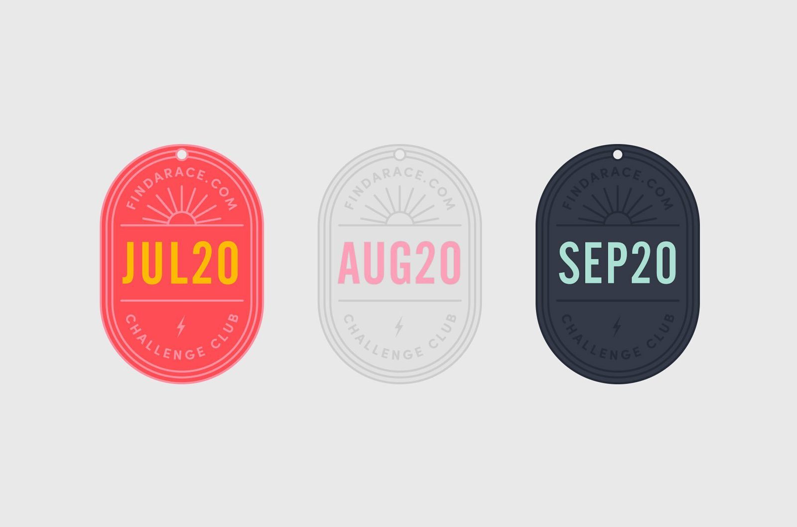 Three circular tags from left to right, with the labels "JUL20" in red, "AUG20" in gray, and "SEP20" in dark blue. Each tag has the text "FINDARACE.COM CHALLENGE CLUB" around the edges and a small lightning bolt symbol at the bottom.