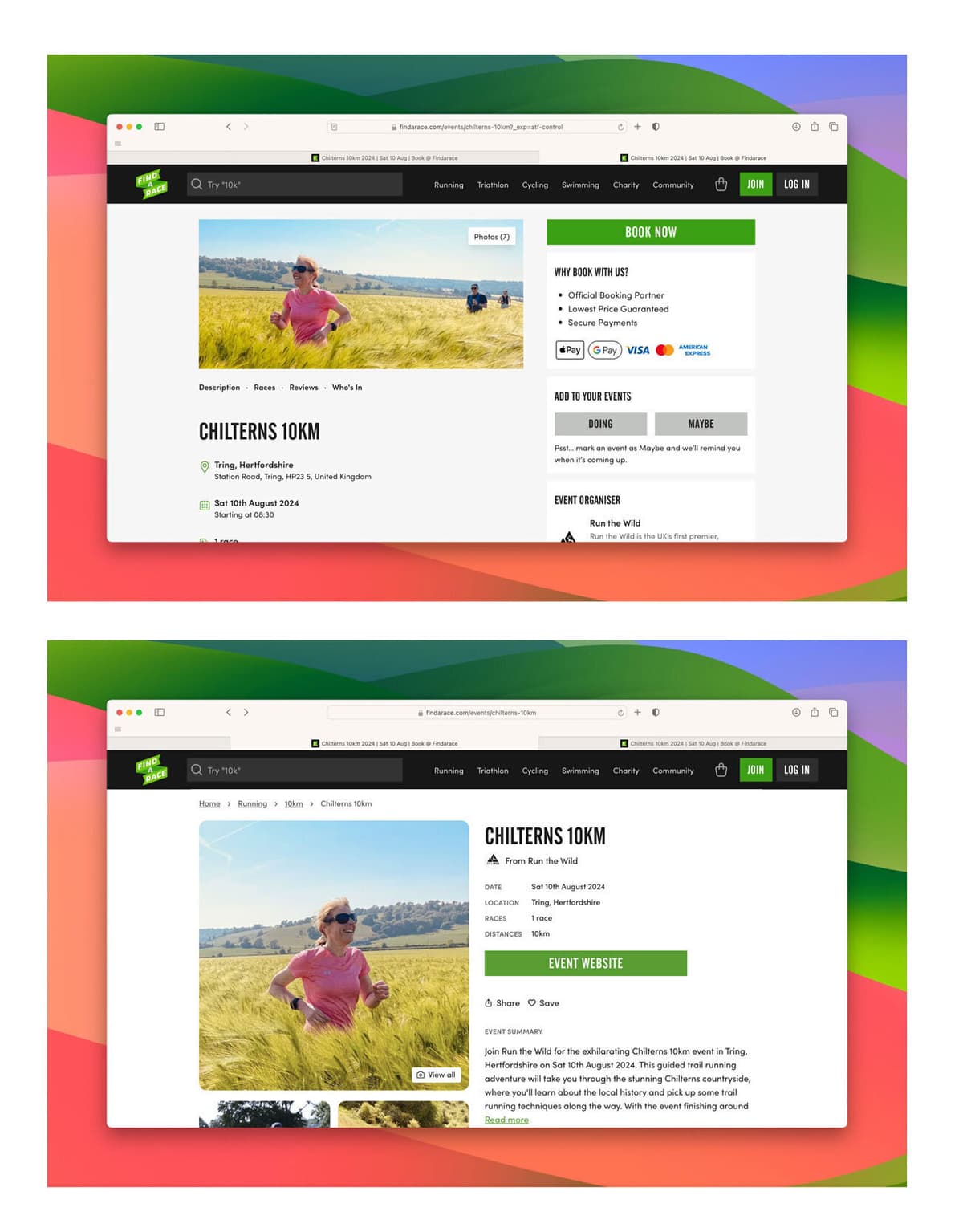 Two screenshots of a website promoting the Chilterns 10KM event. The page shows a woman running through a field. The website features details such as the event date, location, registration options, and a link to the event website.