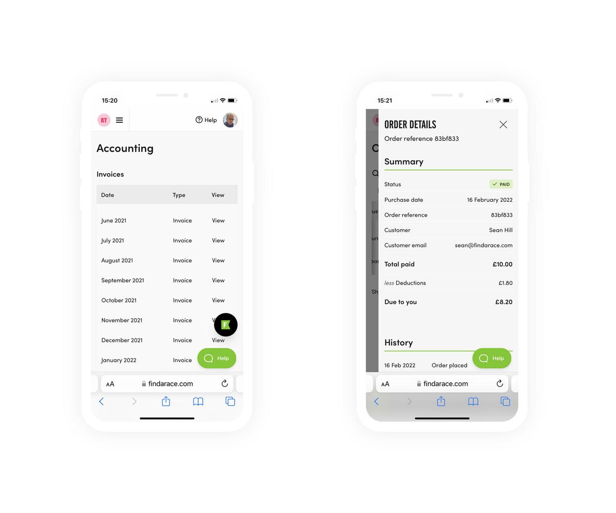 Two smartphone screens displaying an accounting app. The left screen shows a list of invoices with dates ranging from June 2021 to December 2022. The right screen shows order details including customer name, purchase date, order reference, and amount details.