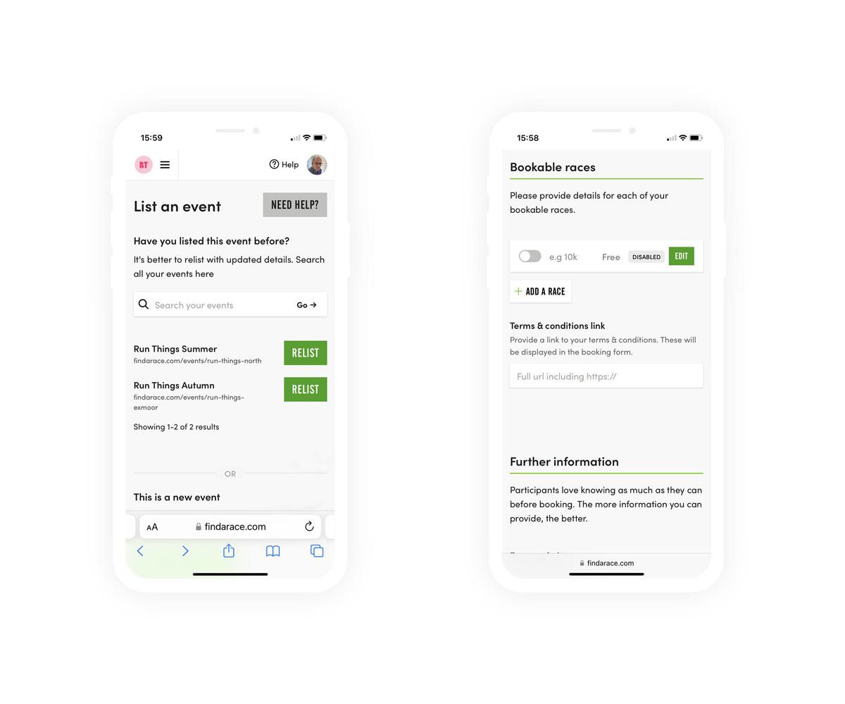 Two smartphone screens displaying a website interface. The left screen shows a page for listing events, with options to relist events such as "Run Things Summer" and "Run Things Autumn." The right screen shows a form for adding and editing a bookable race, including a toggle for booking details and a section for terms and conditions.