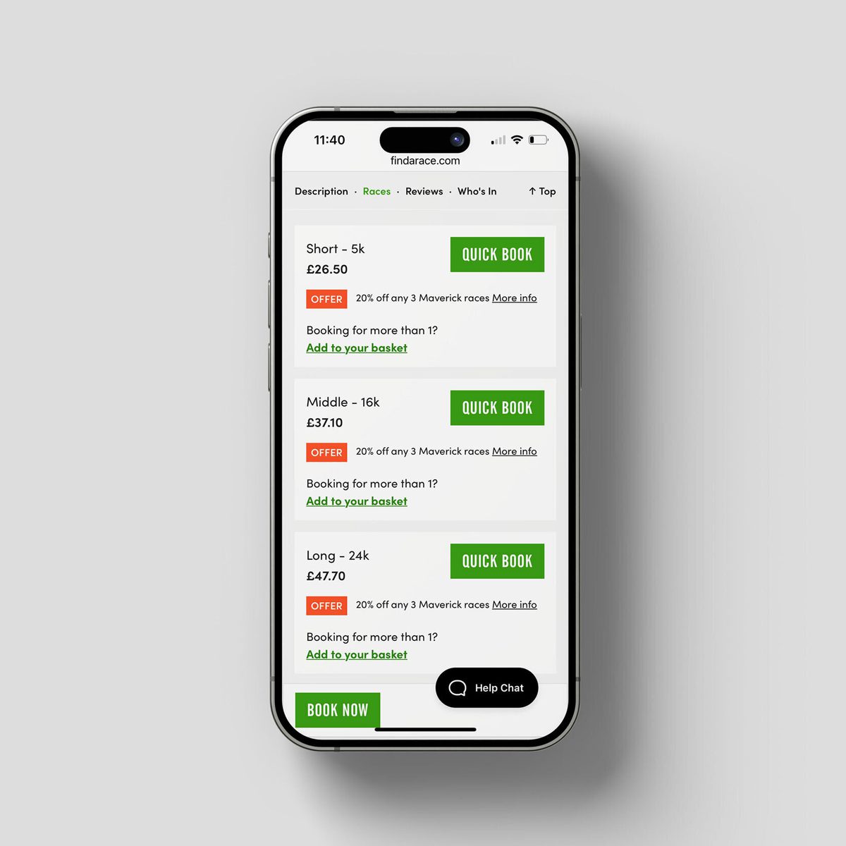 A smartphone displaying a race booking webpage from findarace.com. It lists three race options: Short - 5k, Middle - 16k, and Long - 24k, each with a 'Quick Book' button and details about offers and adding to the basket. A live chat option is visible at the bottom right.