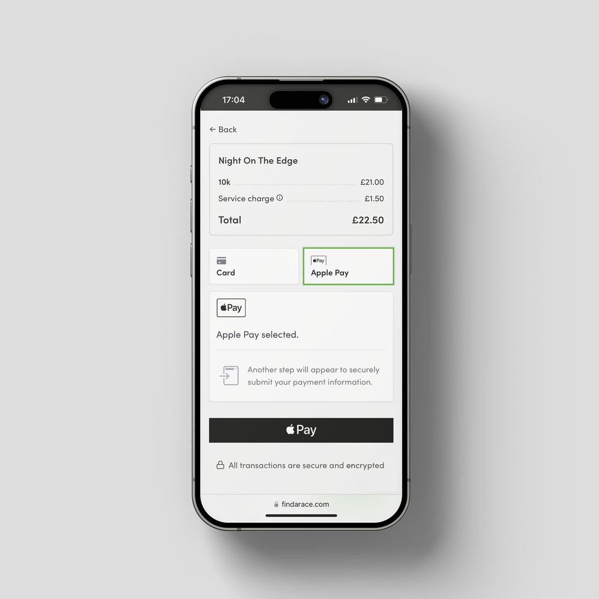 A smartphone displays a payment screen for an event titled "Night On The Edge." The total amount due is £22.50. The user can choose between "Card" and "Apple Pay" for payment methods, with "Apple Pay" currently selected. The "Apple Pay" button is highlighted.