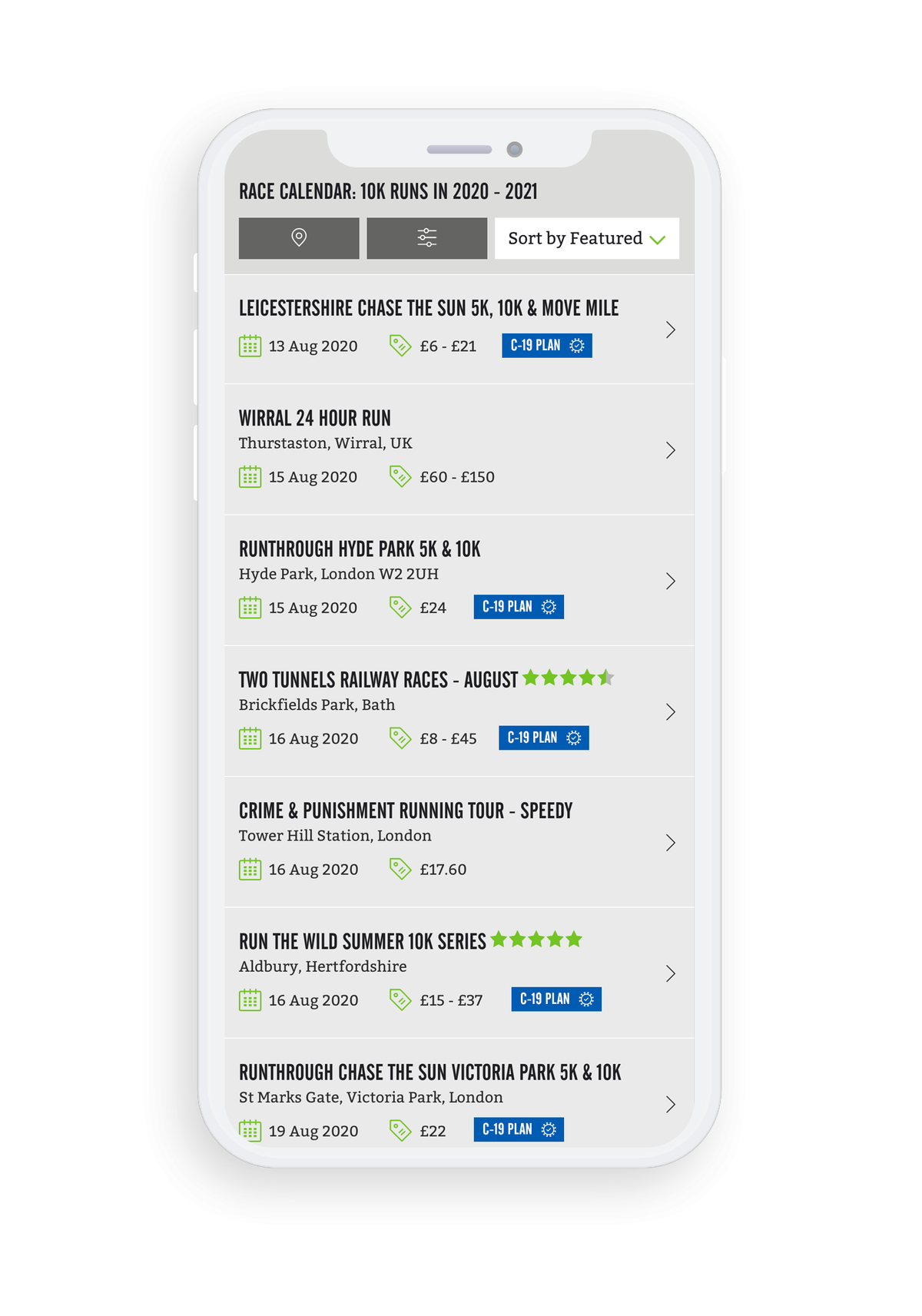 A smartphone screen displays a race calendar for 10K runs in 2020-2021. The list includes events like the Leicestershire Chase the Sun 5K, Wirral 24 Hour Run, and RunThrough Hyde Park 5K. Dates, locations, and entry fees are visible, along with a sorting option at the top.