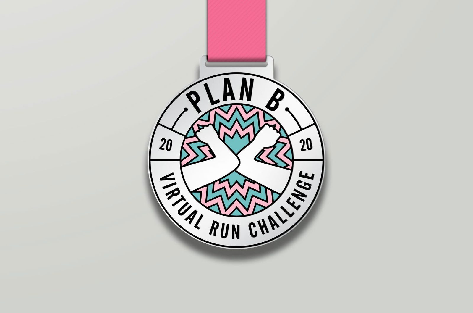 A medal with a pink ribbon features the text "Plan B Virtual Run Challenge" and "2020." The center has an abstract design of two feet against a zigzag pattern in pink, white, and teal colors.
