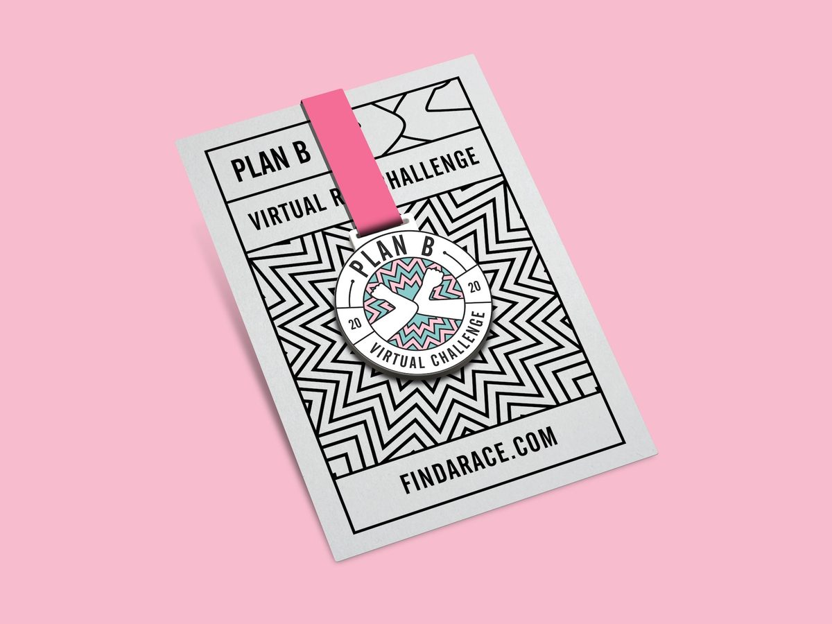 A flyer for the "Plan B Virtual Challenge" is set against a pink background. The flyer displays geometric patterns and features a central logo with a wavy border. The text reads "PLAN B VIRTUAL CHALLENGE" and "FINDARACE.COM." A pink clip is attached to the top.