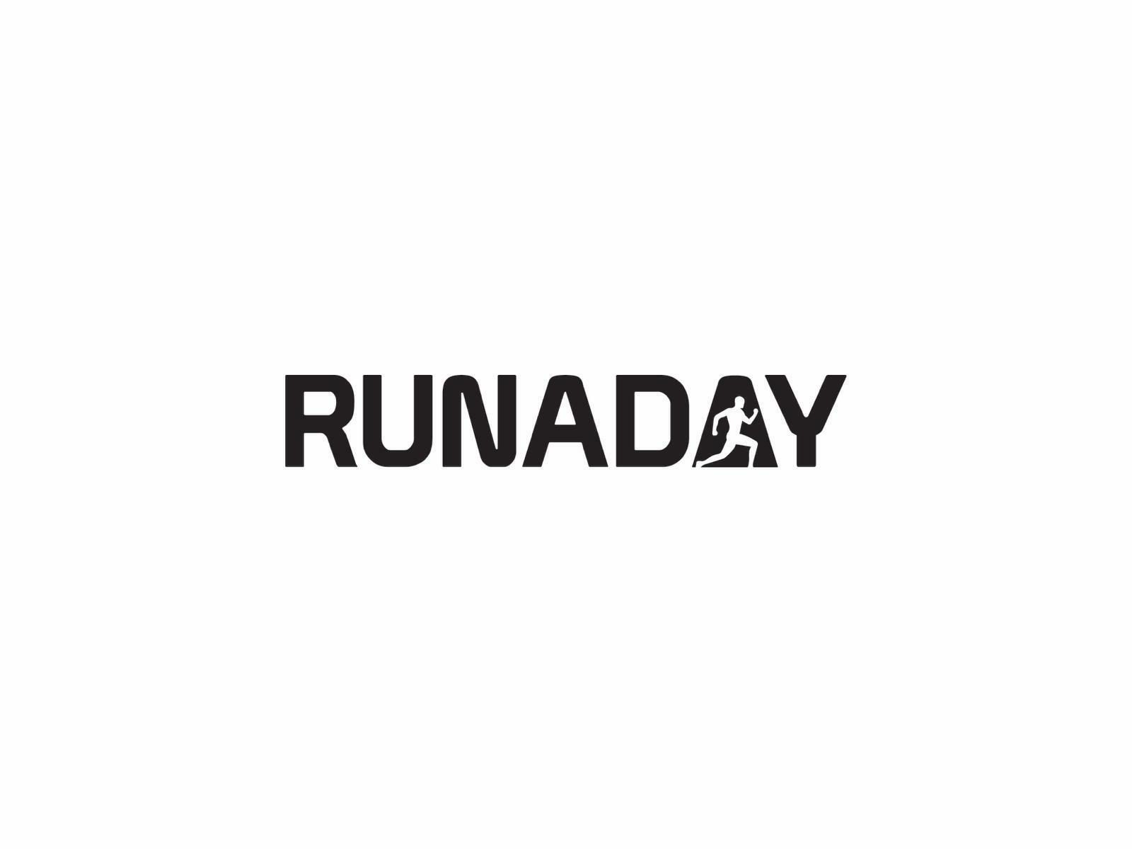Black text on a white background reads "RUNADAY." The letter "A" in "DAY" is stylized to include the silhouette of a running person.