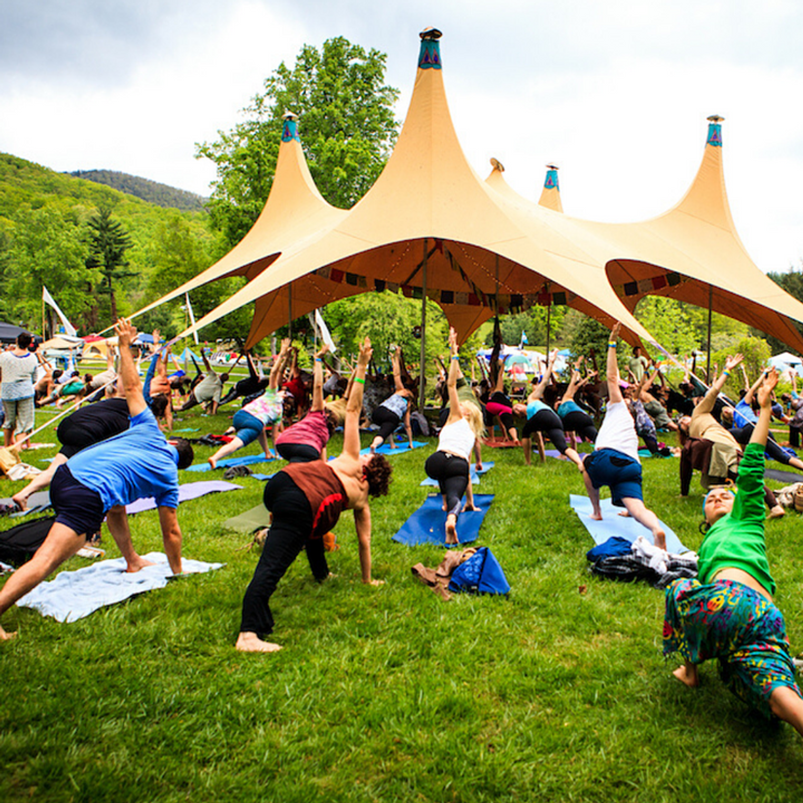 A group of people participating in an outdoor yoga session on a grassy field under a large, tent-like canopy. They are practicing various poses, surrounded by trees and a hilly landscape. The scene is vibrant with attendees wearing colorful athletic wear.