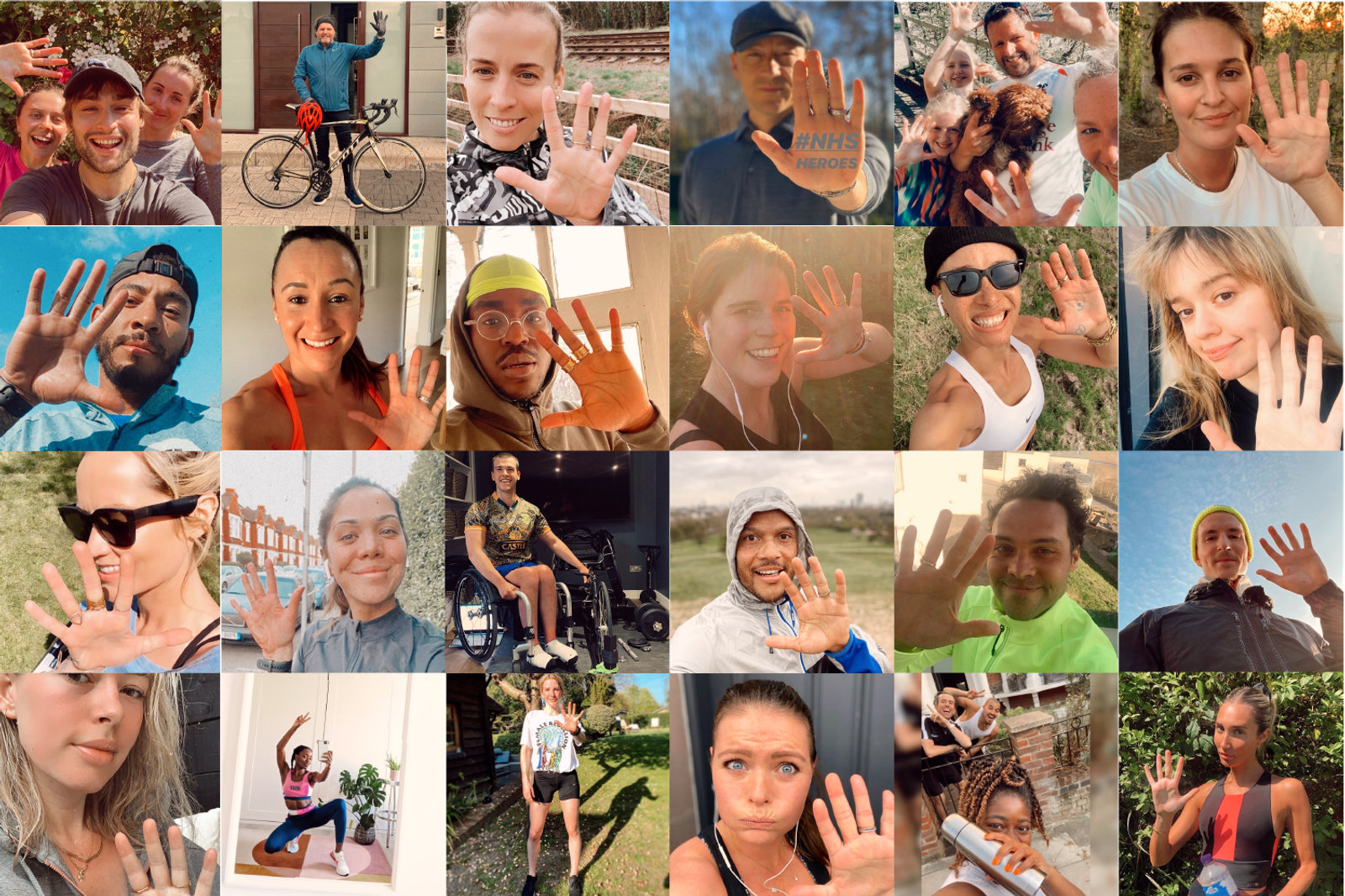 A collage of 25 diverse individuals, each holding up one hand with five fingers extended, suggesting the number five. All appear in various settings, from indoors to outdoors, and feature different expressions and activities.