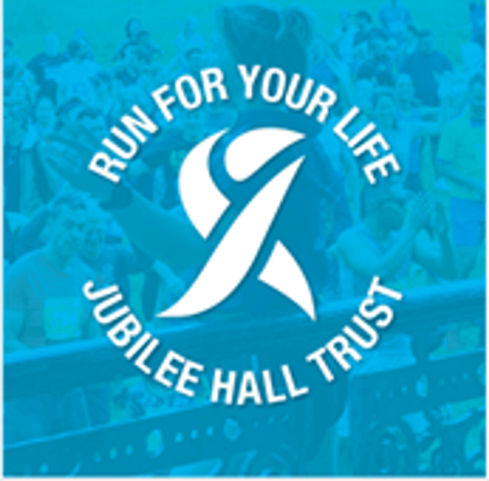 A blue-tinted image shows a crowd of runners with the text "Run For Your Life Jubilee Hall Trust" circling a stylized running figure logo in the center.