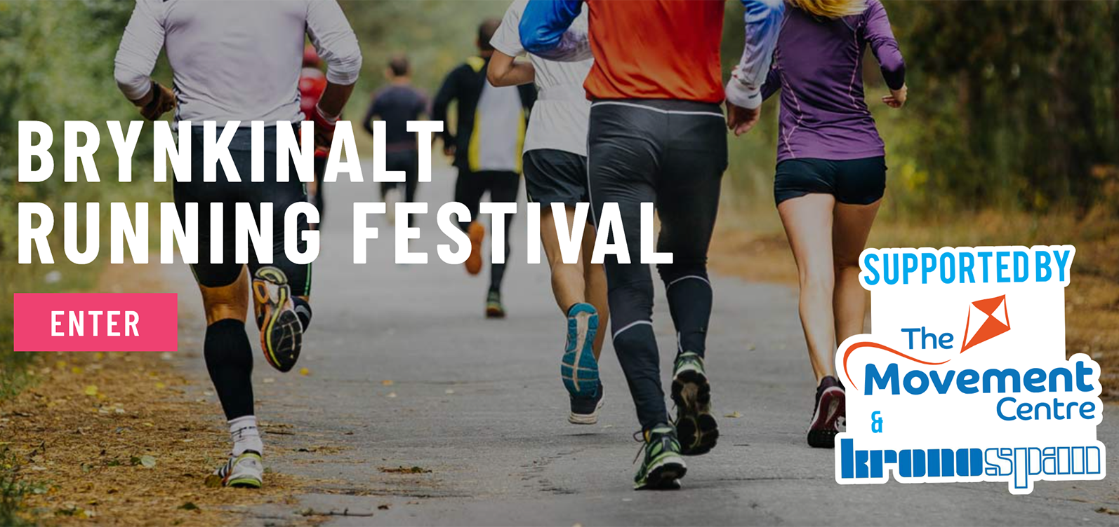 A group of runners on a paved path with trees on either side. The text reads "Brynkinalt Running Festival" with a red "Enter" button and logos for sponsors "The Movement Centre" and "Kronospan.