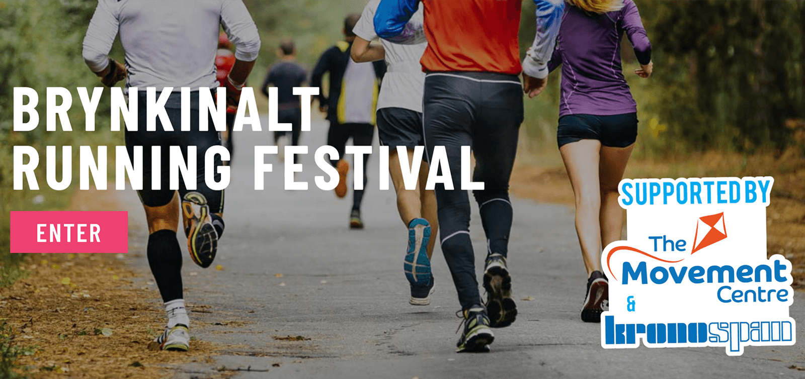 A group of runners on a paved path with trees on either side. The text reads "Brynkinalt Running Festival" with a red "Enter" button and logos for sponsors "The Movement Centre" and "Kronospan.