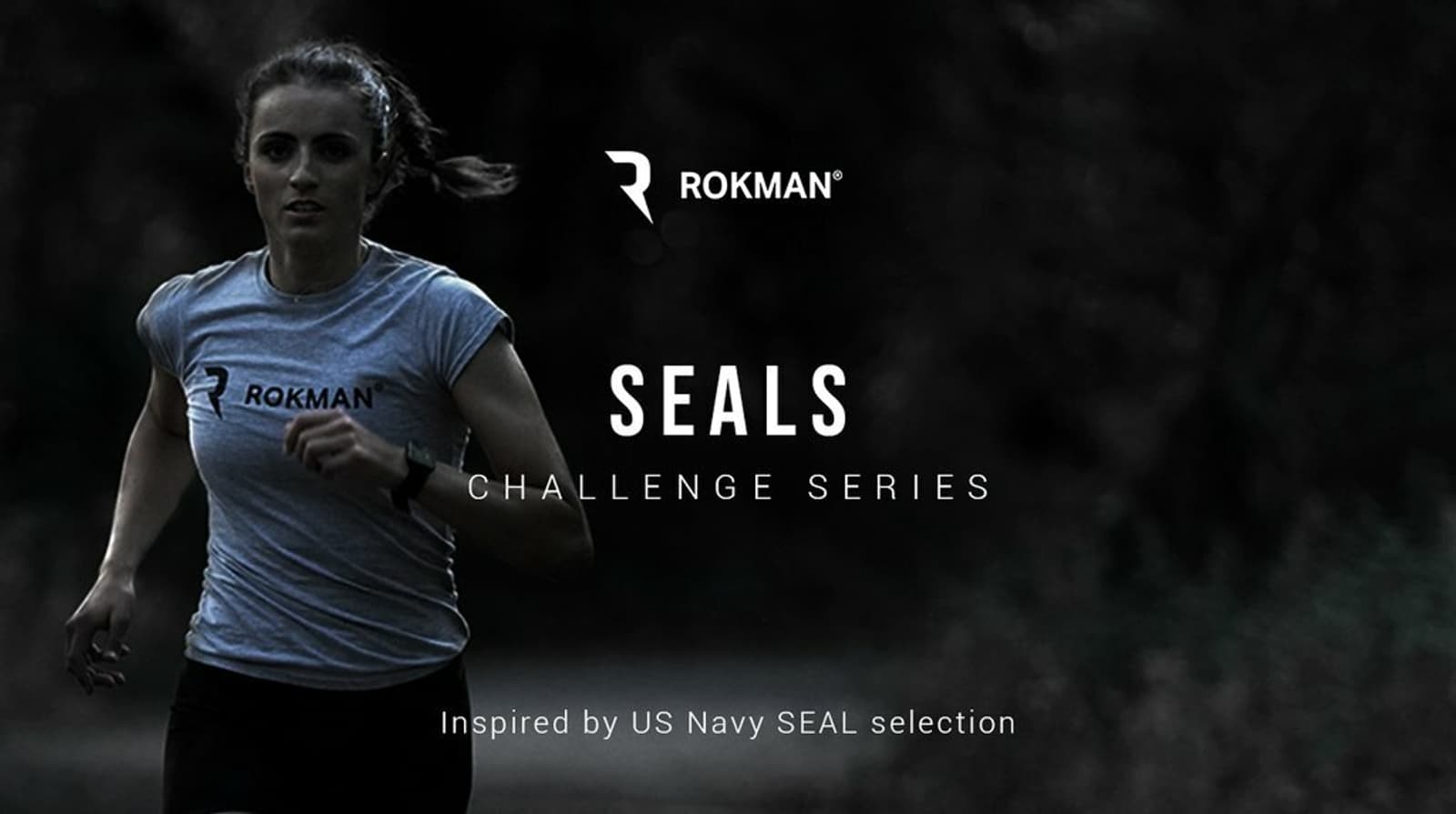 A person wearing a grey t-shirt with the logo "ROKMAN" runs outdoors at dusk or dawn. The text "SEALS CHALLENGE SERIES" and "Inspired by US Navy SEAL selection" is overlaid, with the "ROKMAN" logo above. The background is blurred, with an indistinct natural setting.