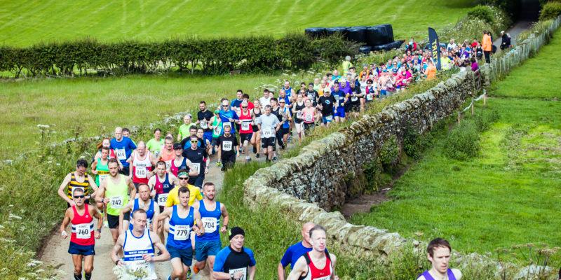 A large group of runners participate in a race along a rural pathway flanked by greenery and stone walls. Some runners wear numbered bibs and colorful athletic gear. The path is crowded, and the participants seem to be enjoying the outdoor event.