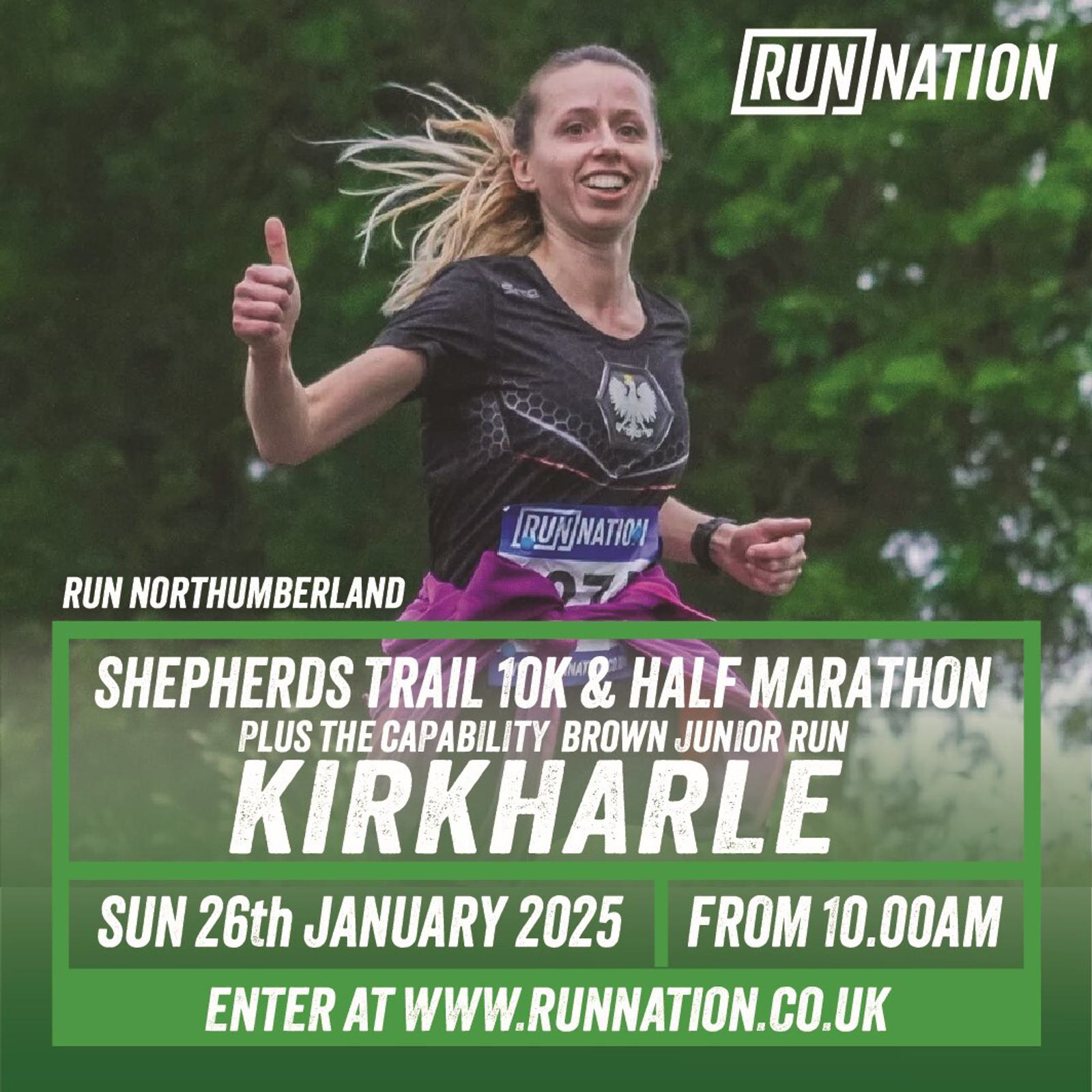 A woman is running with a smile and a thumbs-up gesture, wearing athletic gear. The image promotes the Shepherds Trail 10K & Half Marathon taking place at Kirkharle on Sunday, 26th January 2025, starting at 10:00 am. Entry details are provided.