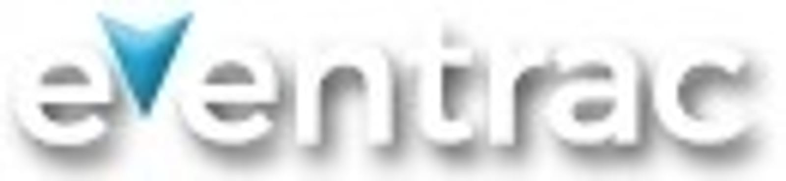 Logo for the company "Ventrac" with the text "ventrac" in grey, lowercase letters. The "v" is designed with a blue triangular shape at the top, giving it a unique appearance. The logo has a metallic and 3D effect with a slight shadow.
