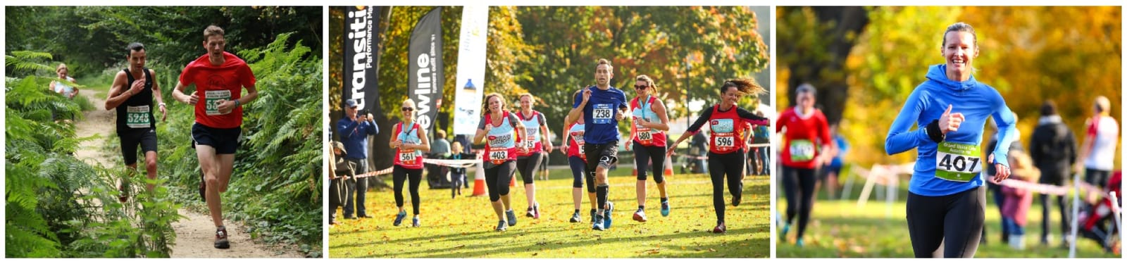 A triptych of photos showing runners in various outdoor settings: left, two men running on a forest trail; center, a group of runners crossing a grassy area near finish line banners; right, a woman in blue giving a thumbs-up while running on a path.