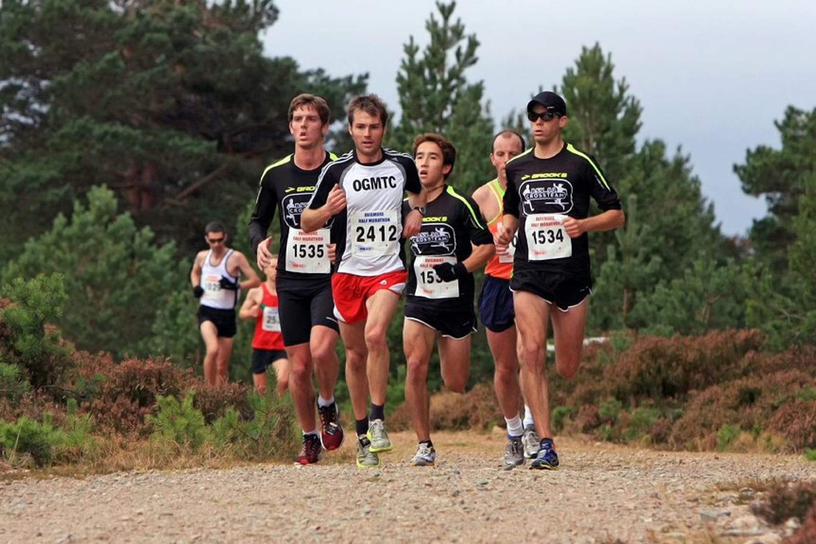 A group of runners is competing in an outdoor race on a dirt trail surrounded by trees and bushes. Several runners are visible with race numbers pinned to their shirts, and they appear focused and determined. The sky is overcast.
