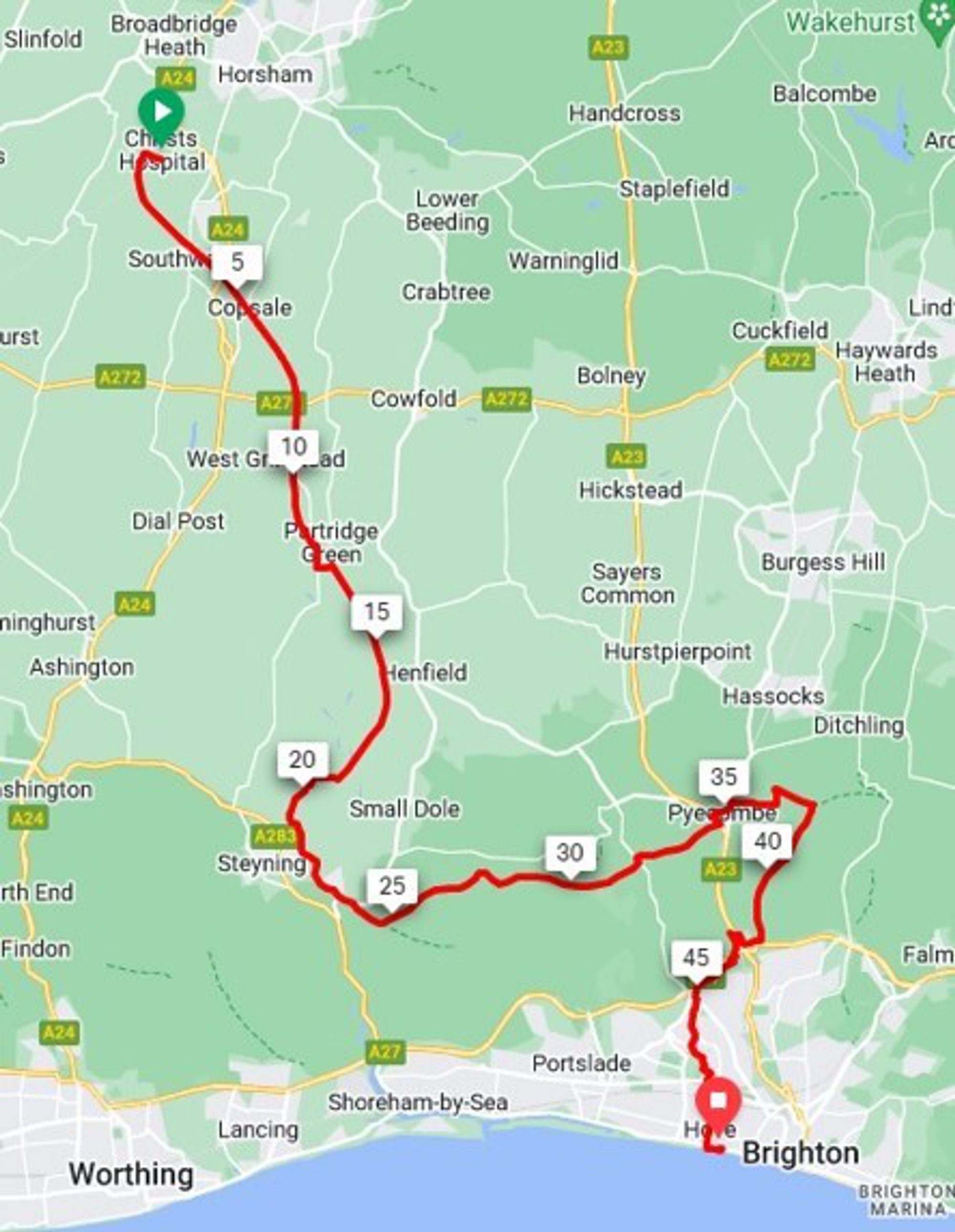 Run to the Sea Brighton Ultramarathon course map