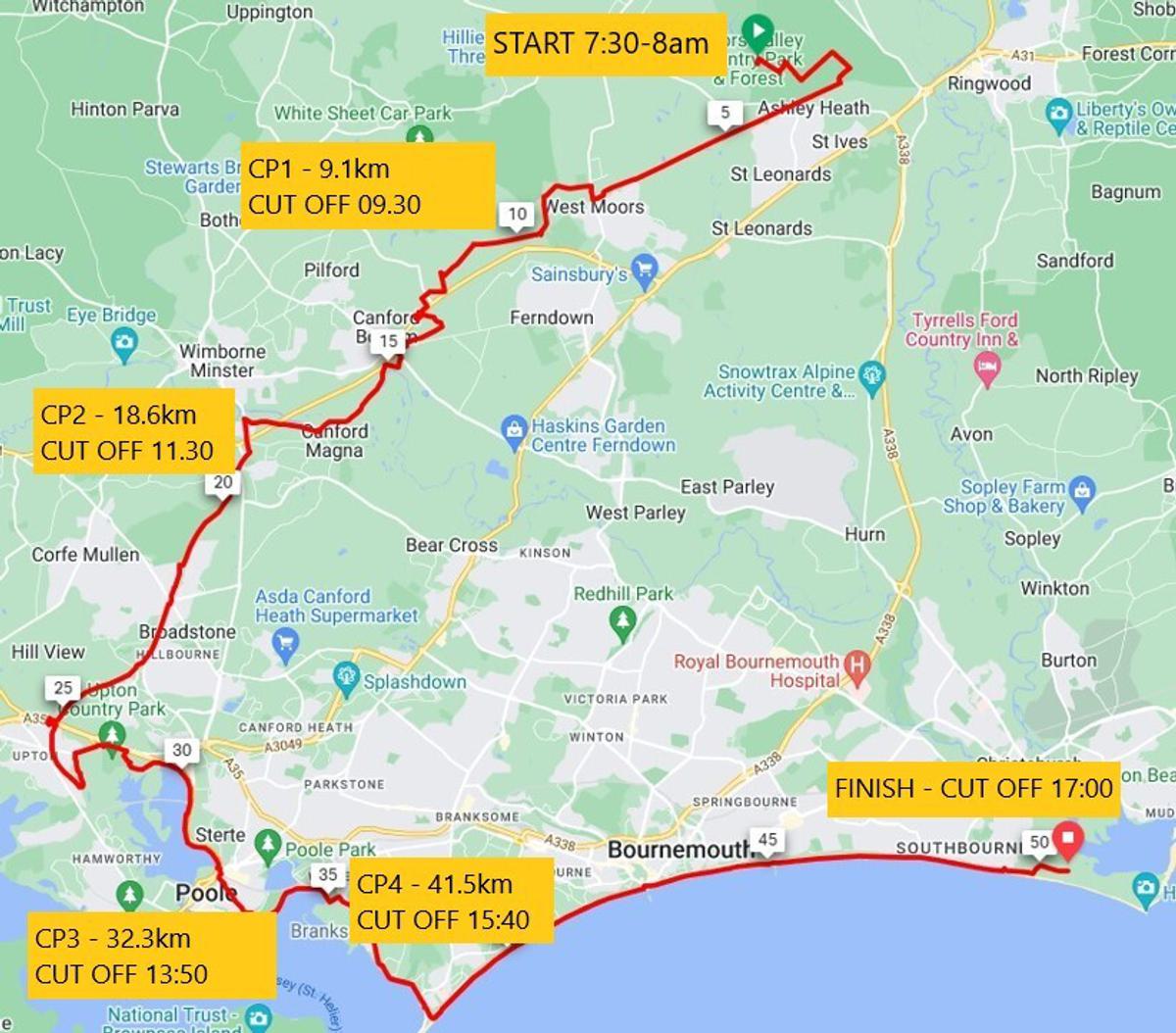 Run to the Sea Bournemouth Ultramarathon course map