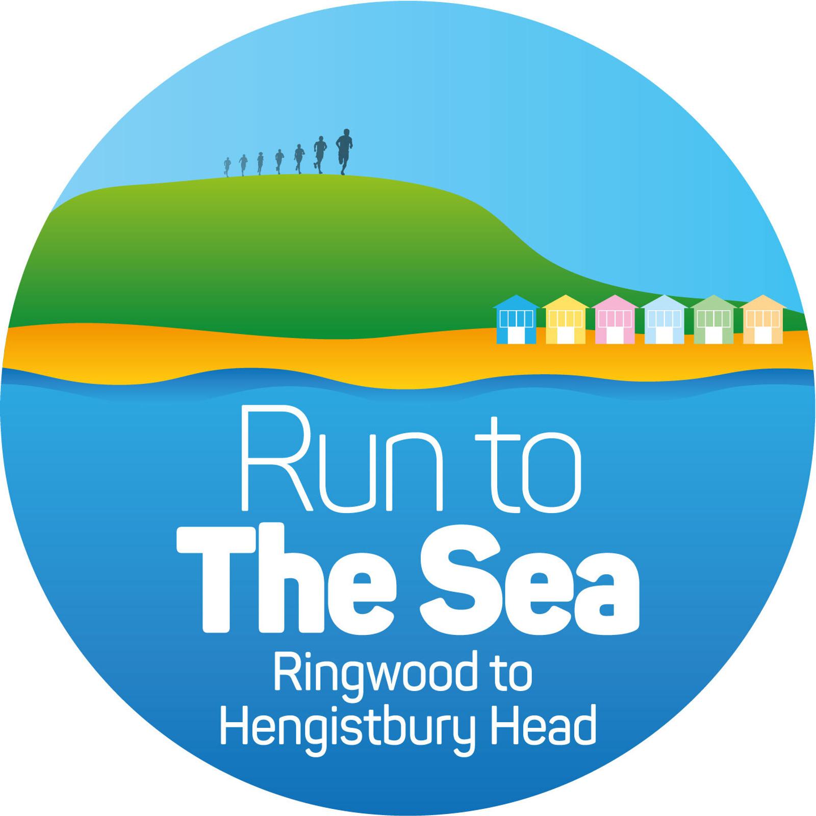 Logo for "Run to The Sea" featuring a silhouette of runners on a hill, colorful beach huts, and blue waves. Text reads: "Run to The Sea, Ringwood to Hengistbury Head.