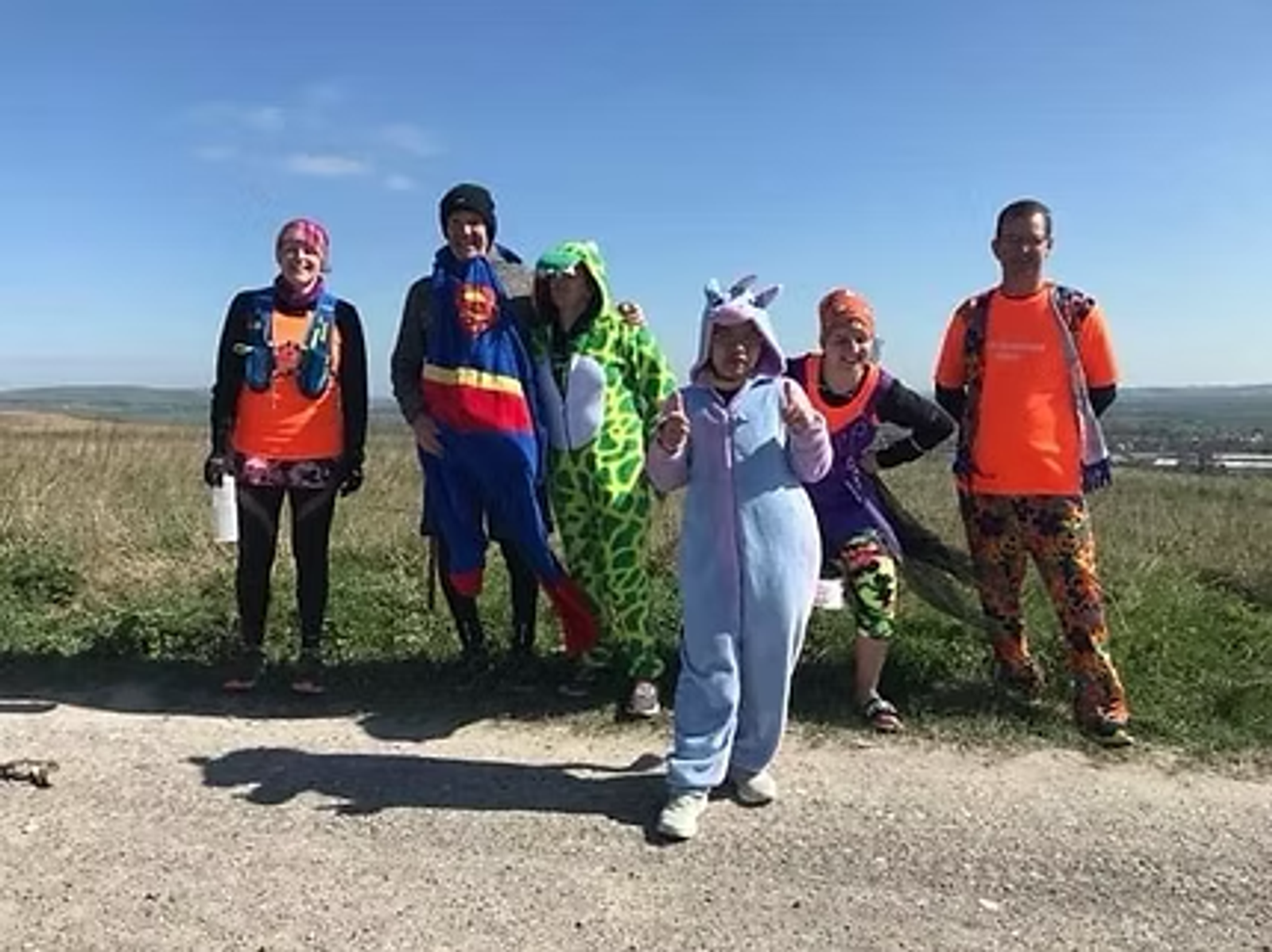 A group of six people outdoors, wearing colorful costumes including a superhero, a giraffe, and a unicorn. They stand on a path with grass on either side, under a clear blue sky.