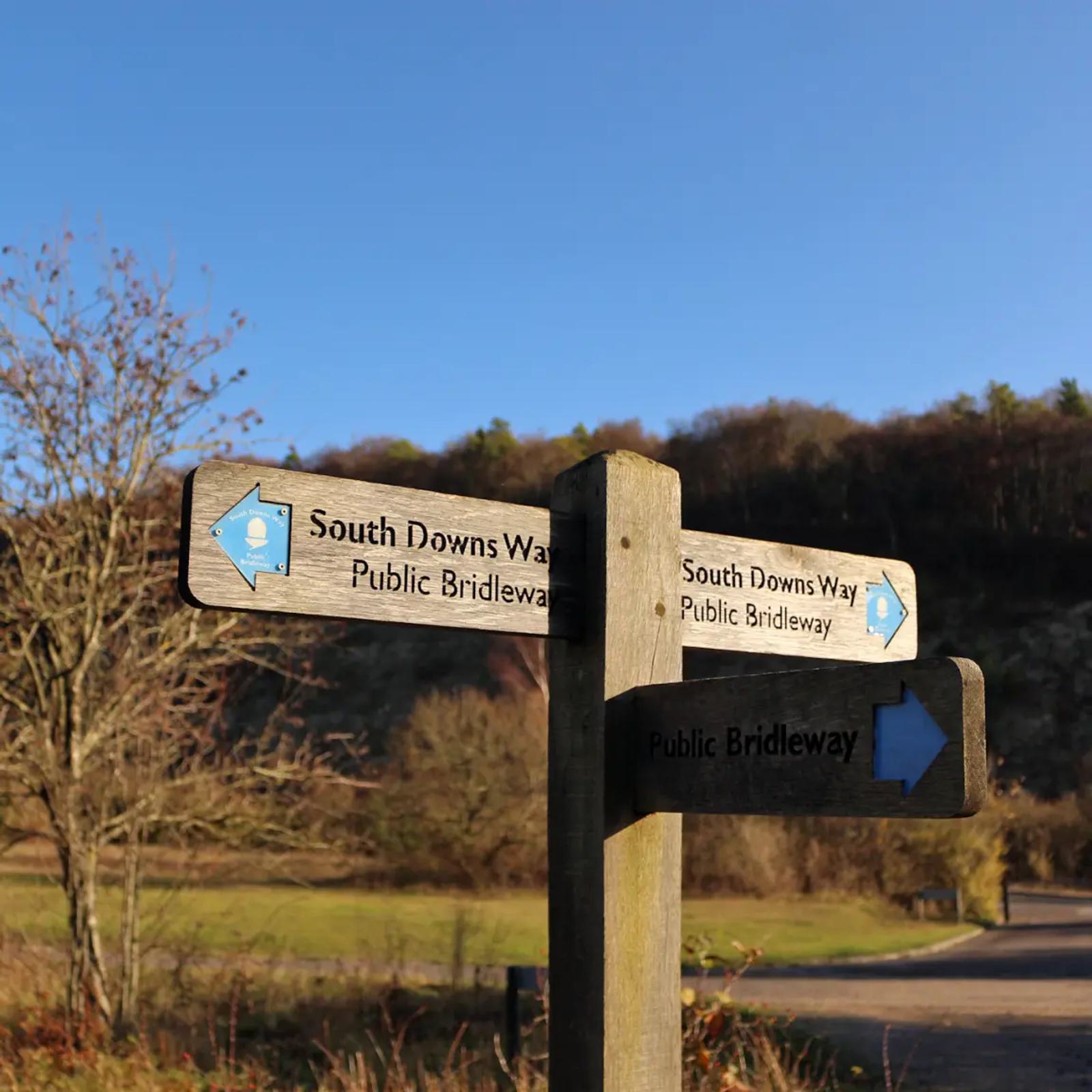 A wooden signpost stands in a rural area under a clear blue sky. It has three directional signs, all labeled "South Downs Way" and "Public Bridleway," pointing in various directions. Trees and fields are visible in the background.