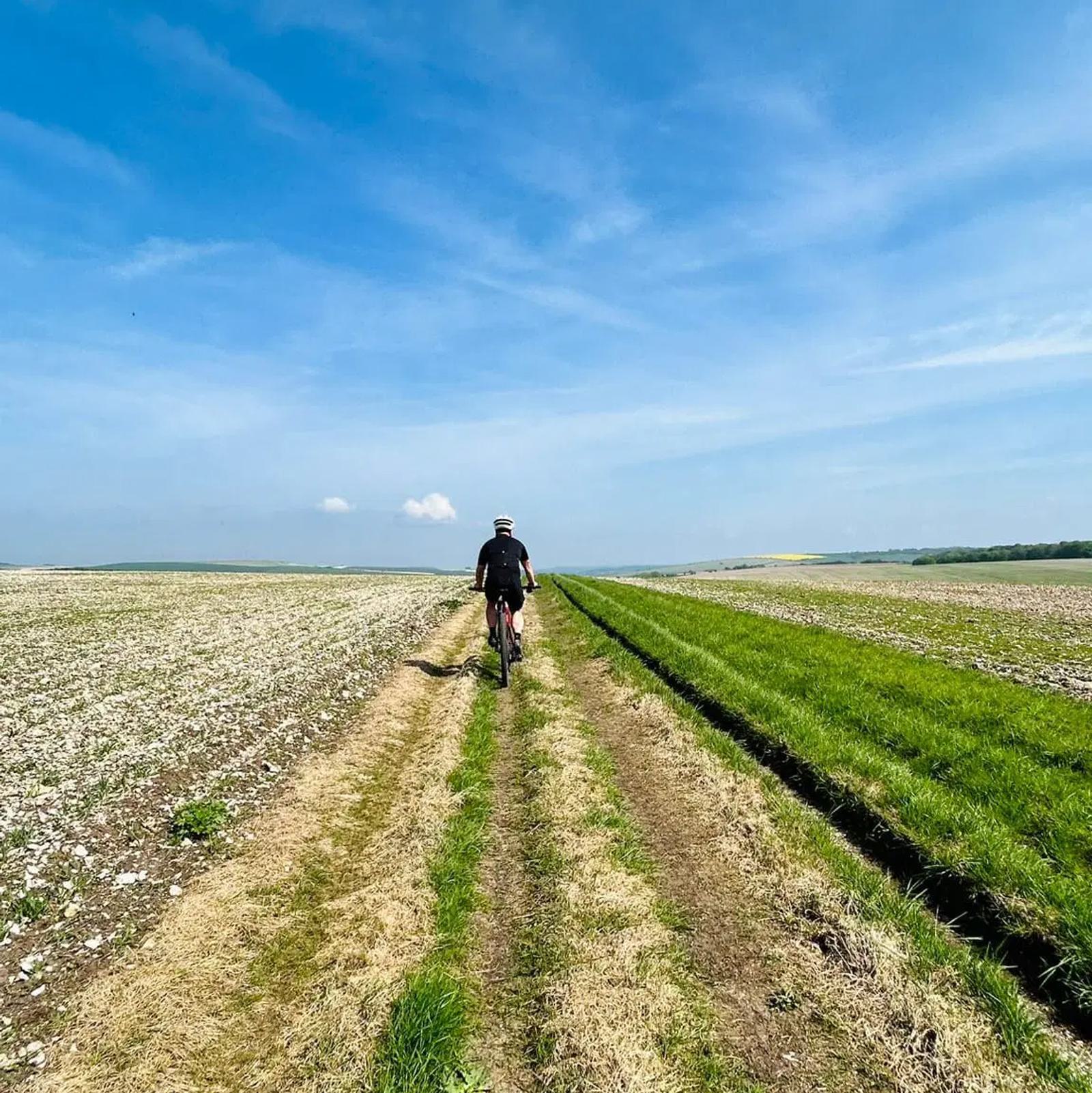 A person rides a bicycle along a narrow dirt path through a vast, open field. The sky is clear blue with a few clouds, and the landscape is divided between green grass and dry, rocky terrain.