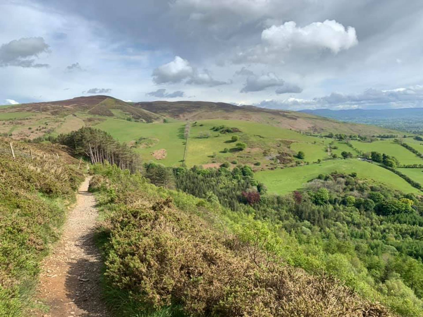 A scenic view of a lush green landscape with rolling hills under a partly cloudy sky. A dirt path winds through the vegetation, bordered by bushes and trees. The horizon reveals a patchwork of fields and distant mountains.