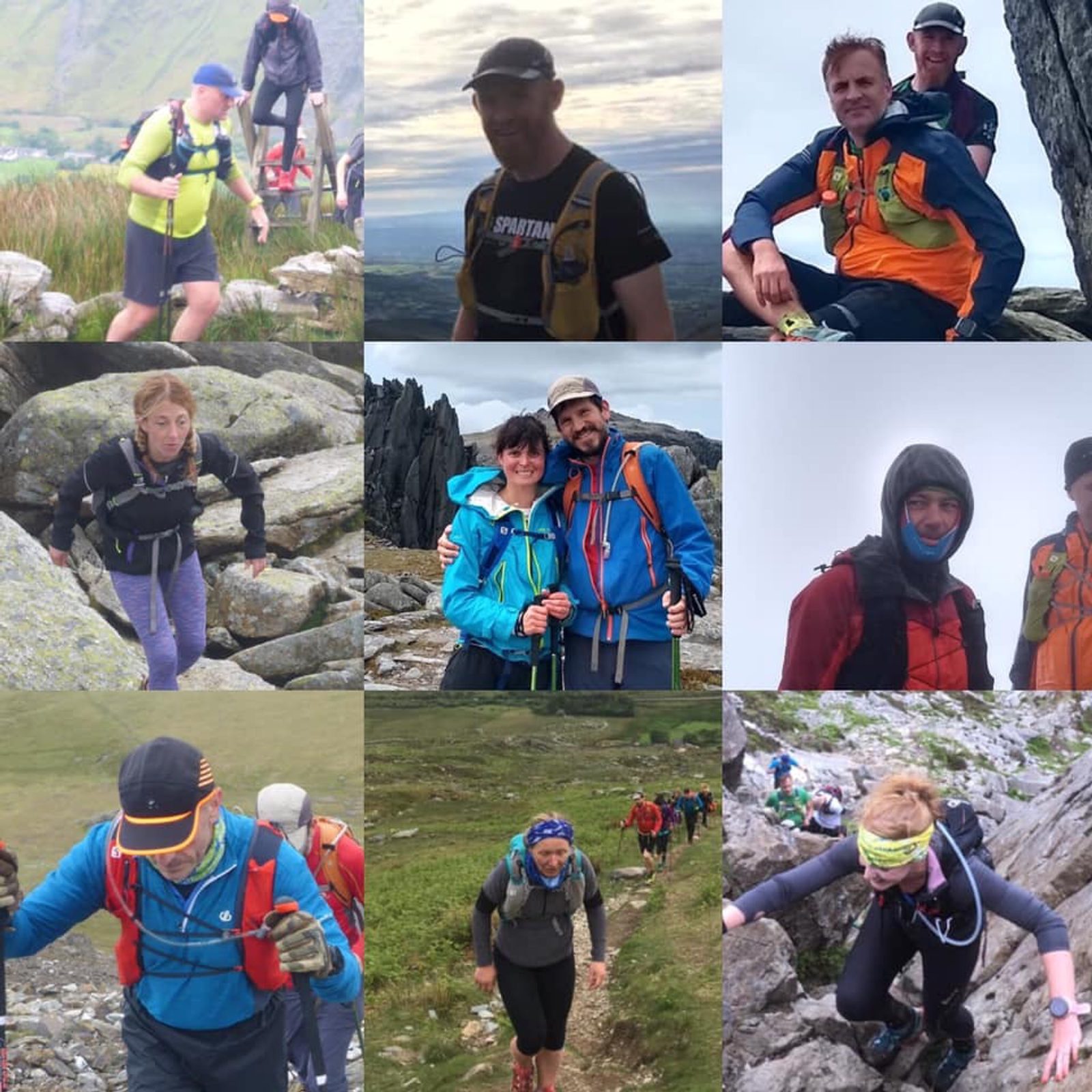 A collage of nine images shows various people hiking and climbing in mountainous terrain. They are dressed in outdoor gear, with backpacks and some using trekking poles. The landscapes are rugged and rocky, with green hills and cloudy skies in the background.