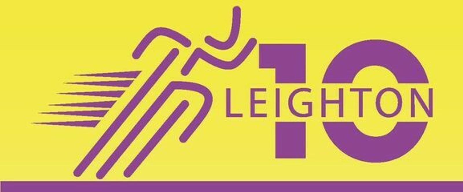 A stylized graphic depicts a running figure in purple on a yellow background. The text "LEIGHTON 10" is prominently displayed next to the figure. The number "10" is large and purple, with the word "LEIGHTON" inside the zero.