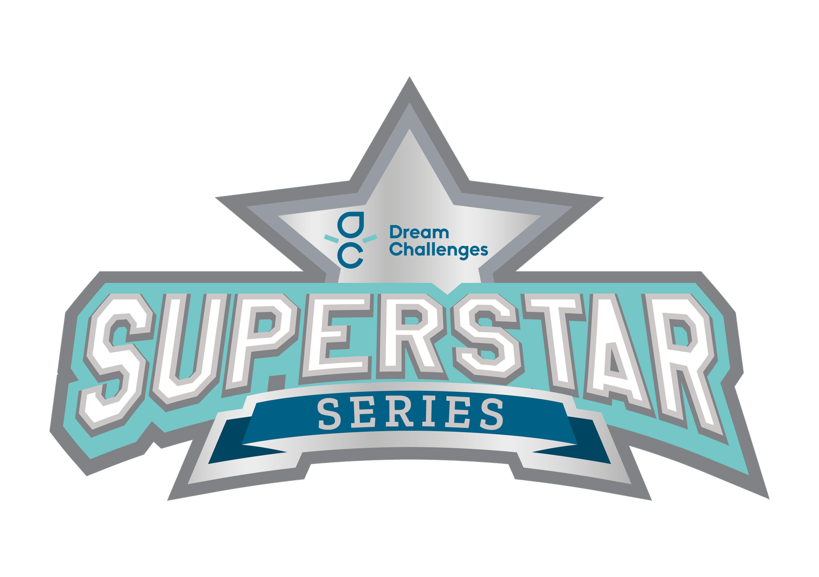 A logo featuring a large star with a silver outline and a teal and silver banner reading "SUPERSTAR SERIES" below it. Above the banner, the text "Dream Challenges" and two abstract figures appear on the star's surface.