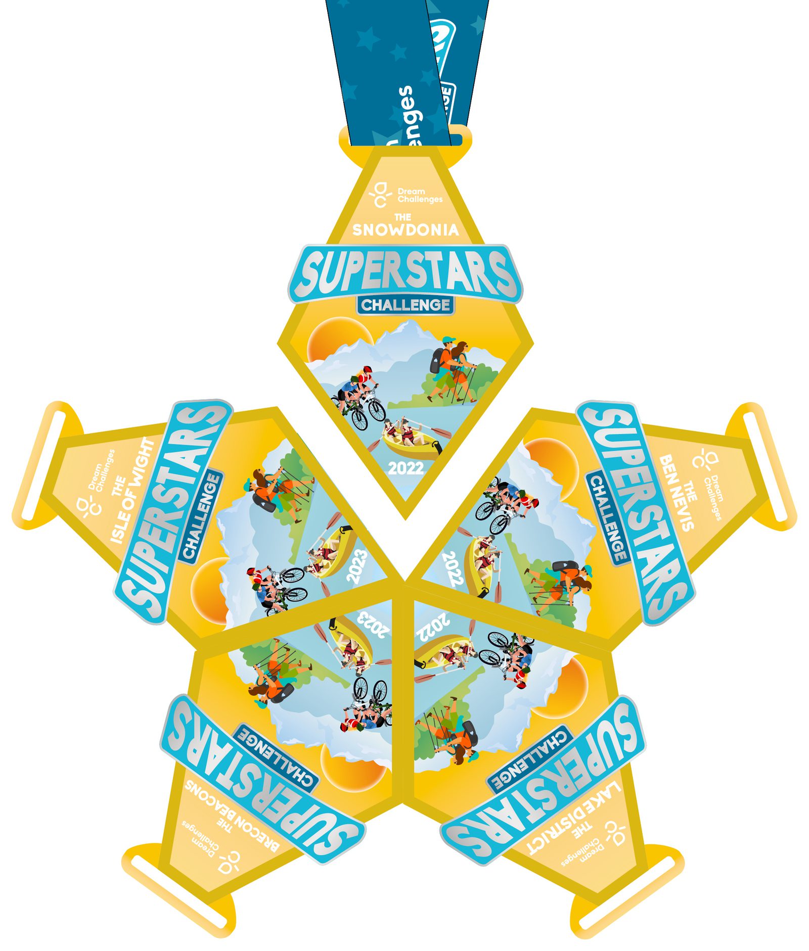 A five-pointed star-shaped medal with the text "Snowdonia Superstars Challenge 2022." The medal features illustrations of athletes running, cycling, and swimming. The medal is predominantly yellow, with a blue ribbon attached at the top.