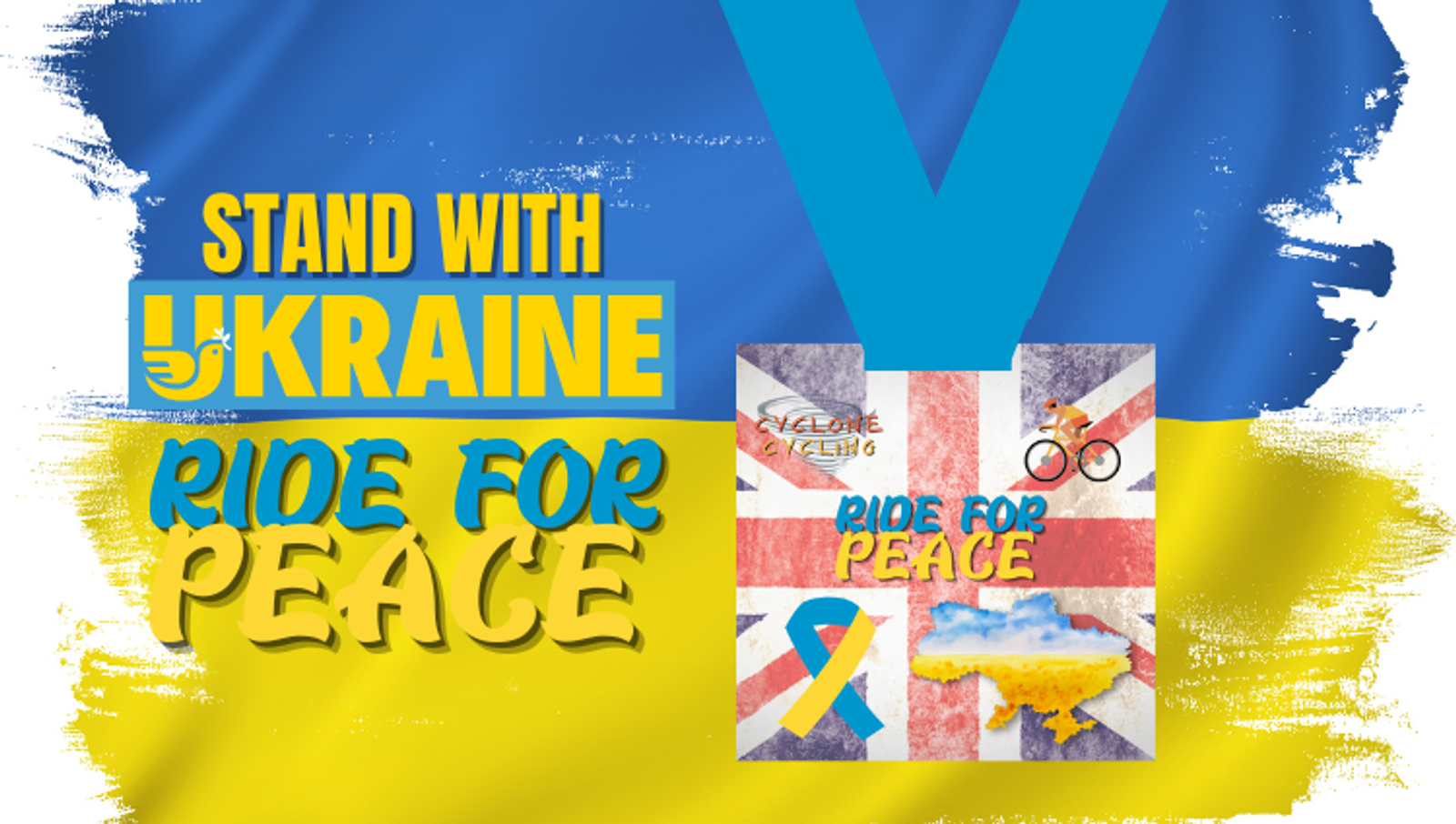 Colorful poster with text "Stand with Ukraine" and "Ride for Peace" over a blue and yellow background. Features a medal with cycling images, a Ukrainian map, and a ribbon with national colors. Promotes cycling event supporting peace in Ukraine.