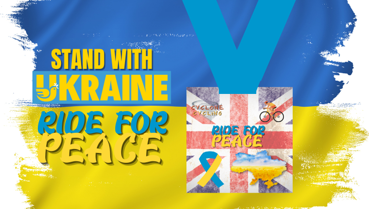 Colorful poster with text "Stand with Ukraine" and "Ride for Peace" over a blue and yellow background. Features a medal with cycling images, a Ukrainian map, and a ribbon with national colors. Promotes cycling event supporting peace in Ukraine.