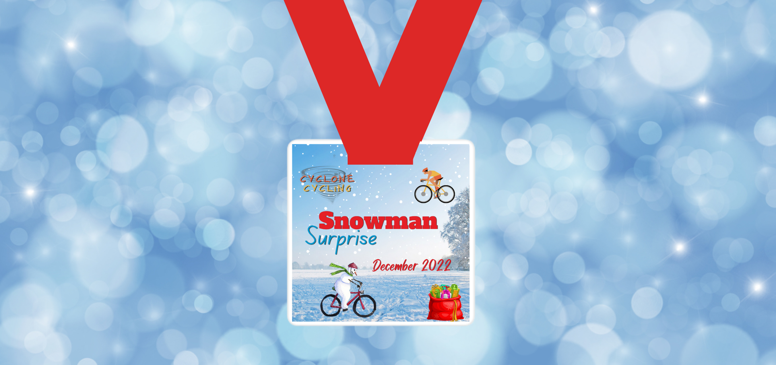 A festive medal with a red ribbon displays the text "Celebrate Feeling" and "Snowman Surprise." An image of a cyclist riding through a snowy landscape is also featured. "December 2022" is written in red at the bottom, with a festive gift box beside it.