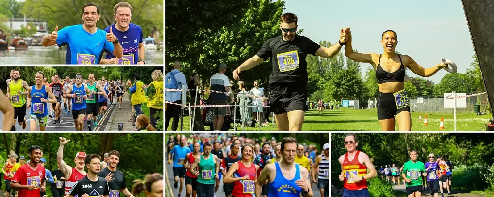 Collage of runners participating in a marathon on a sunny day. Top left shows two men running near water. Top right features a man and woman holding hands. Bottom rows show diverse runners in colorful shirts, with trees and grass in the background.