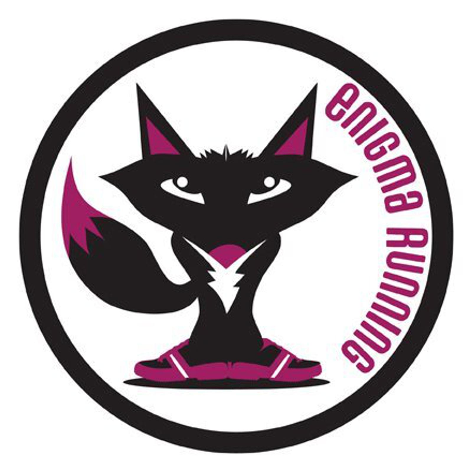 A cartoon black and purple fox wearing sneakers stands inside a circle. The words "Enigma Running" curve along the right side inside the circle.