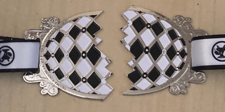 A medal in the shape of a circle, decorated with a black and white diamond pattern, is split into two matching halves placed side by side on a wooden surface.