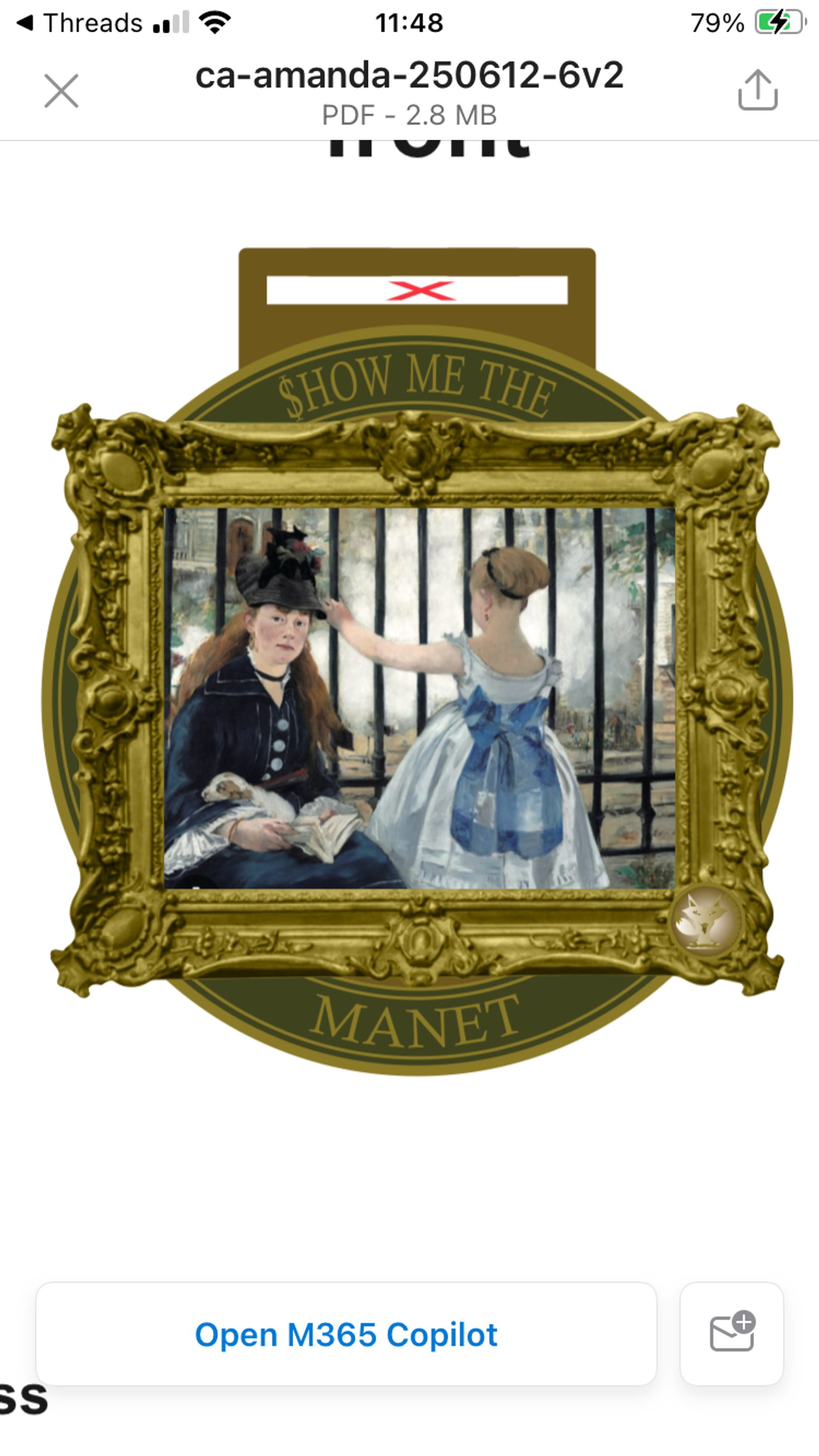 An ornate gold frame surrounds an impressionist painting of two women, one seated and one standing, near a fence. The frame reads “SHOW ME THE MANET.” An Open M365 Copilot button appears below.