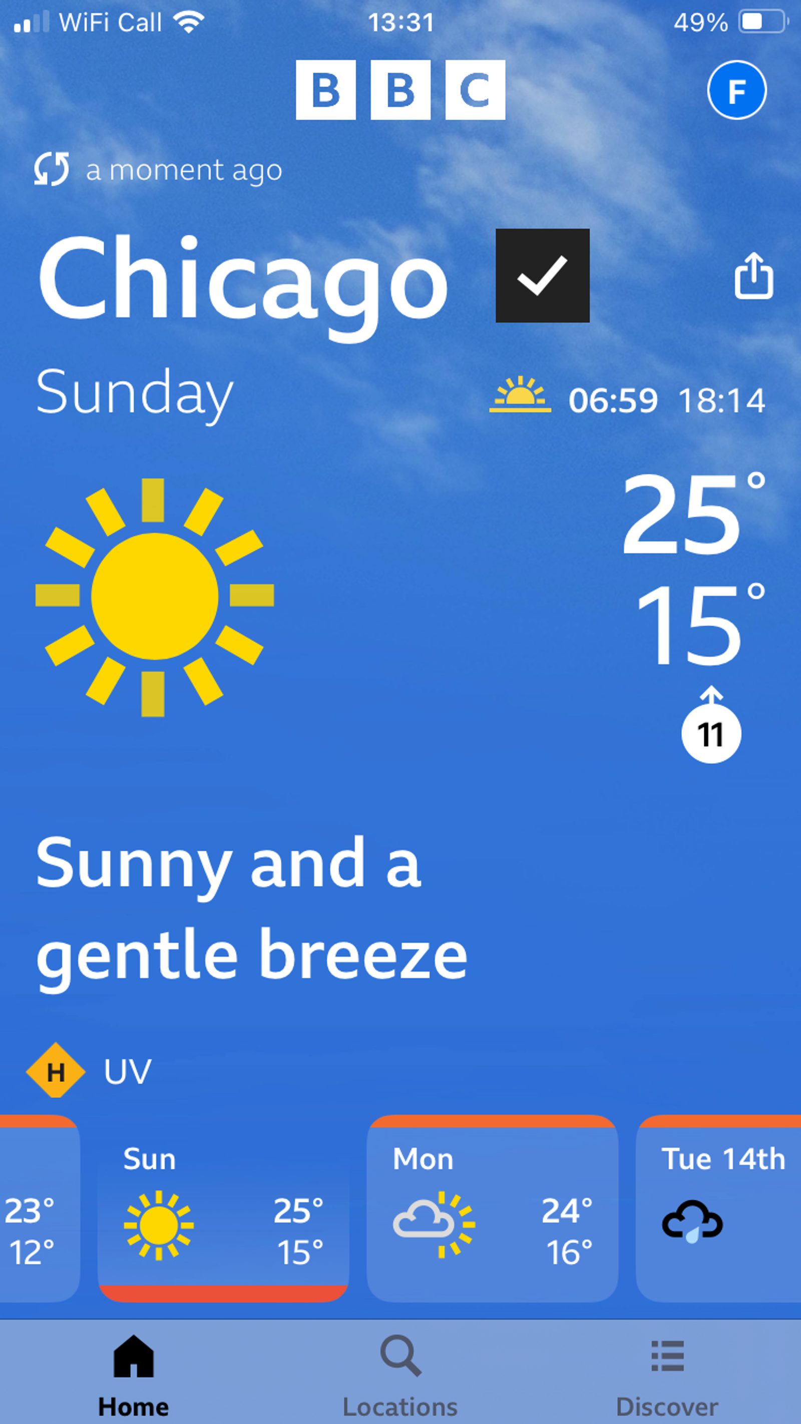 BBC Weather app screen for Chicago shows Sunday’s forecast: a sunny day with a gentle breeze, temperatures between 25°C and 15°C, sunrise at 06:59, sunset at 18:14, and a UV index of 6.