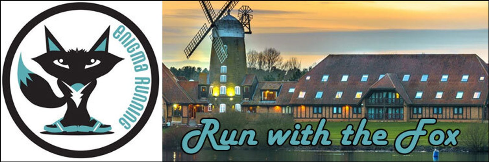 Illustration of a fox mascot logo with text "Enigma Running" on the left. On the right, text reads "Run with the Fox" over a scenic background of a traditional windmill and a rustic building near a body of water. The sky is clear and slightly colorful.
