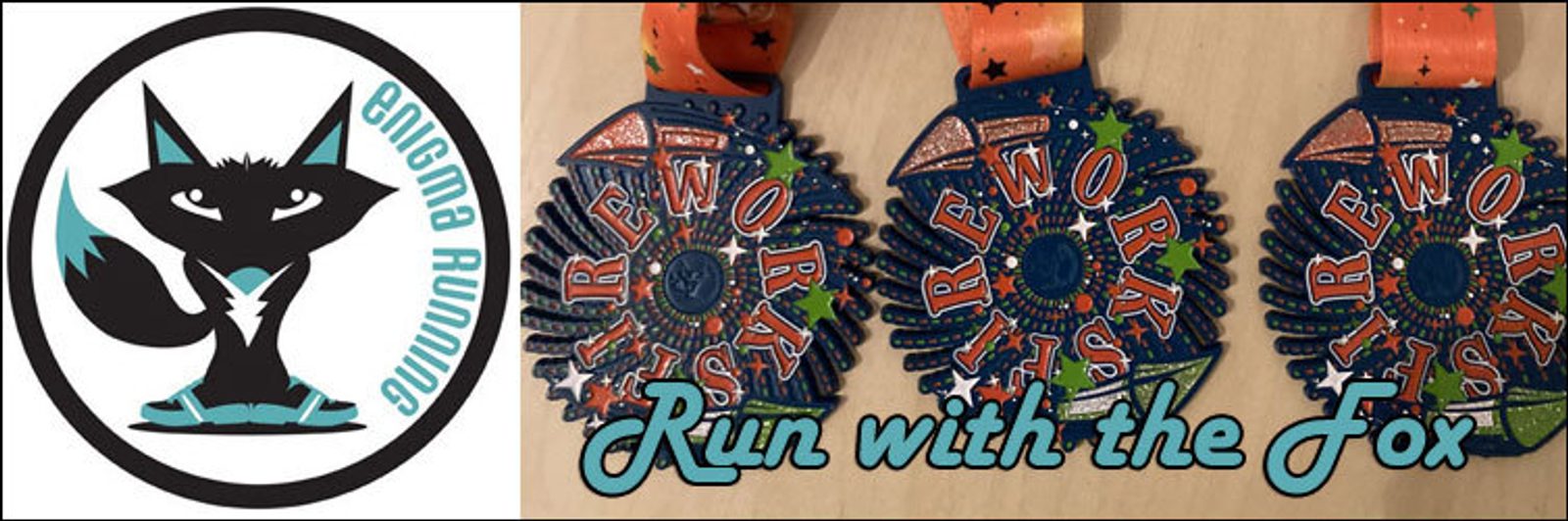 A round logo on the left shows a cartoon fox with blue accents within a white circle, labeled "Enigma Running." To the right, three colorful medals display a fireworks design and the text "Run with the Fox." The background is light tan wood.