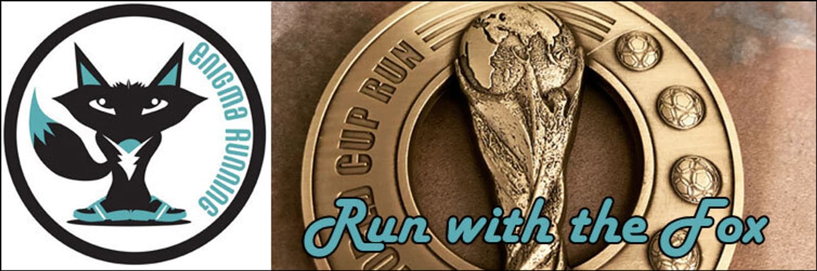 A logo featuring a stylized black fox with blue eyes, wearing sneakers, labeled "Enigma Running." Next to it, a close-up photo of a medal with "Cup Run" text and map design, overlaid with the phrase "Run with the Fox.