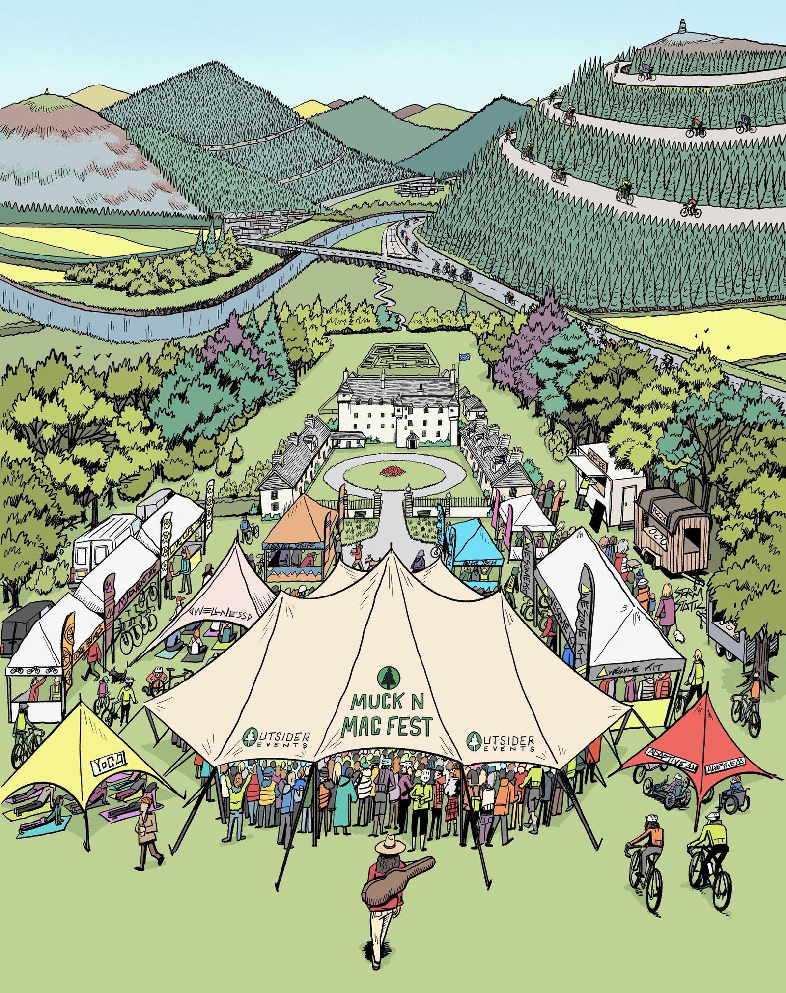 Illustrated festival scene with numerous tents labeled "Muck N Mac Fest" in a vibrant outdoor setting. People are gathered around, with bicycles and a grand building in the background. Rolling hills, trees, and a winding road complete the scenic view.