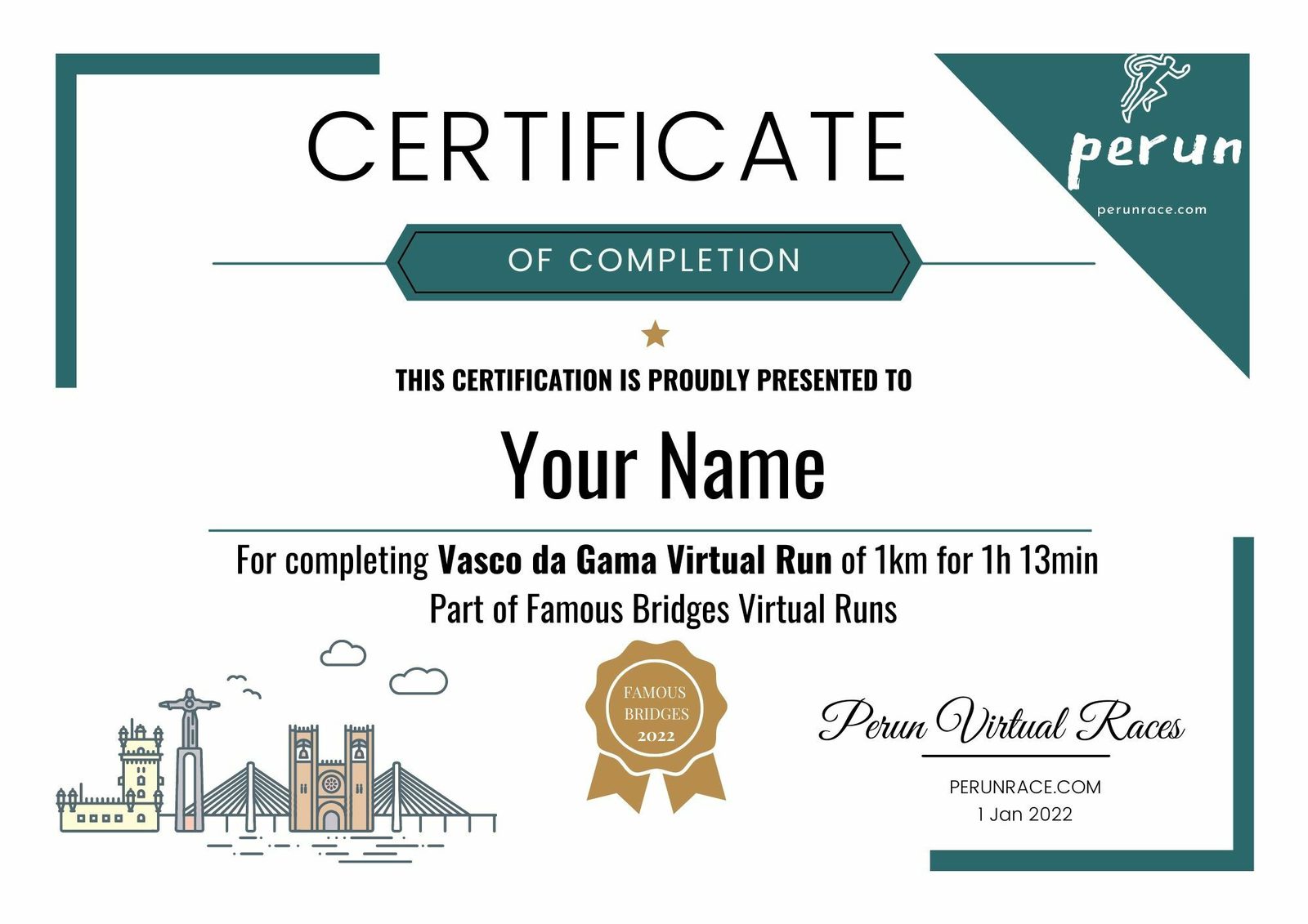 Certificate of Completion for Vasco da Gama Virtual Run of 1km in 1h 13min as part of Famous Bridges Virtual Runs by Perun Virtual Races. Includes illustrations of urban landmarks, a gold star, and an official signature. Dated 1 Jan 2022.
