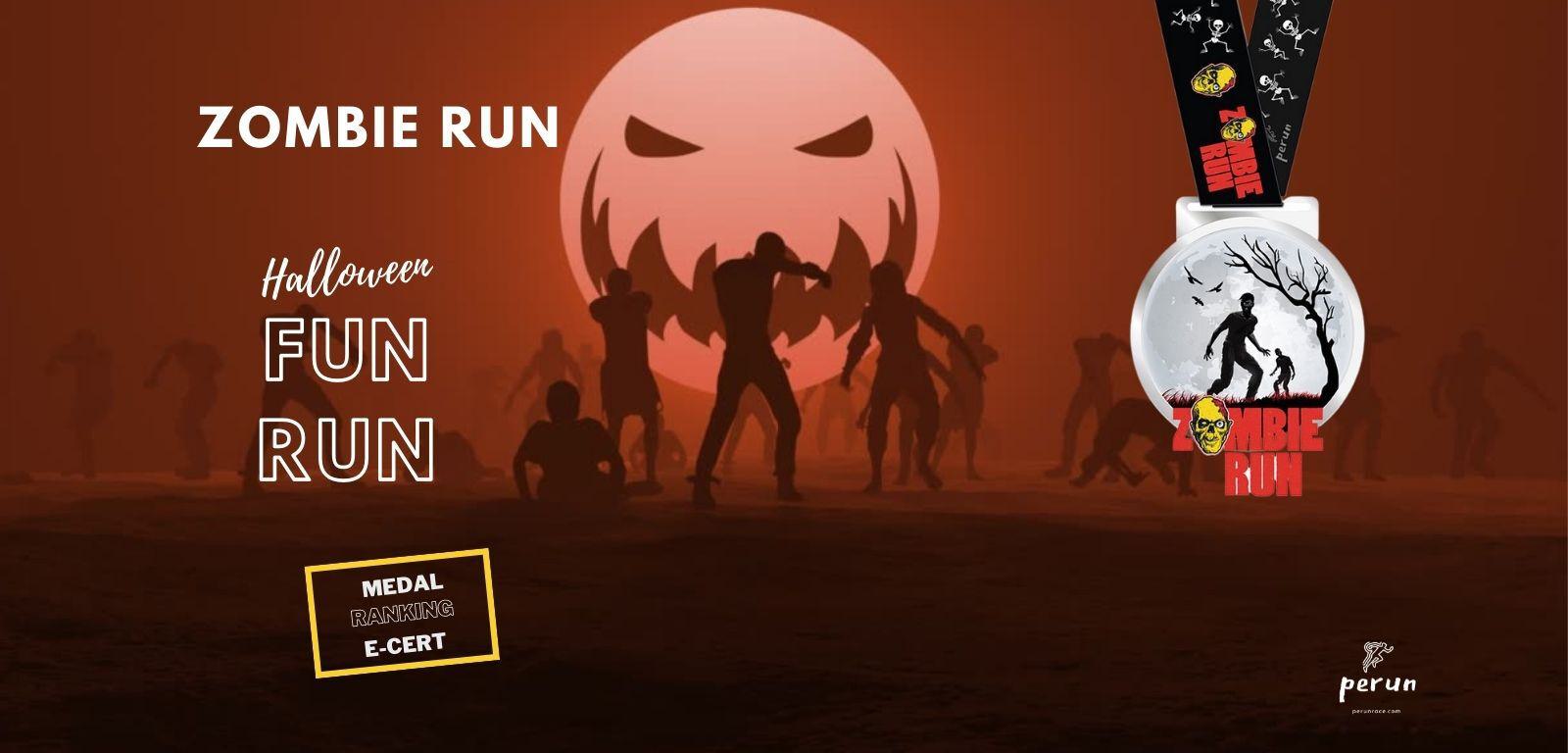 Silhouettes of people running with a large, ominous jack-o'-lantern face in the background. Text reads "Zombie Run" and "Halloween Fun Run." A medal with a zombie design hangs on the right side. Additional text reads "Medal," "Ranking," "E-Cert." Logo for Perun at the bottom.