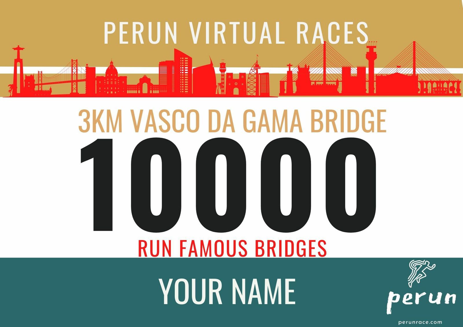 Poster for Perun Virtual Races featuring the 3km Vasco da Gama Bridge event. The number 10000 is prominently displayed in black, and "Run Famous Bridges" appears in red text below. The event website and logo are at the bottom against a teal background.
