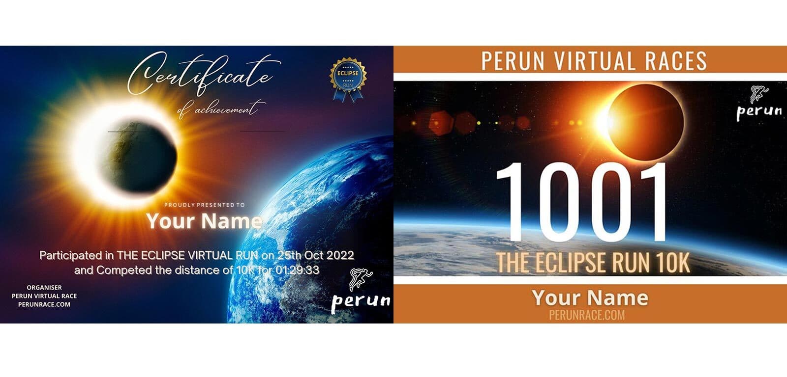 A certificate image celebrating participation in a 10K virtual run themed "The Eclipse Run." It shows an eclipse, a medal, and Earth from space. Text includes: "Certificate of Achievement," "Perun Virtual Races," "25th Oct 2022," and "Completed 10K in 01:29:33.