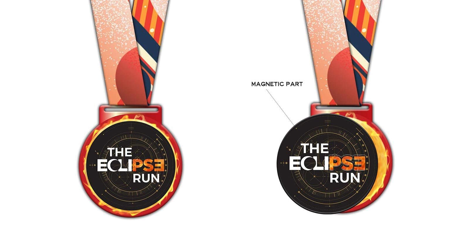 Two images of medals for "The Eclipse Run." The left medal has an orange, red, and black lanyard with a sun and planet design. The right medal has foldable parts fitting within each other, with a label highlighting a magnetic part and featuring the same lanyard.